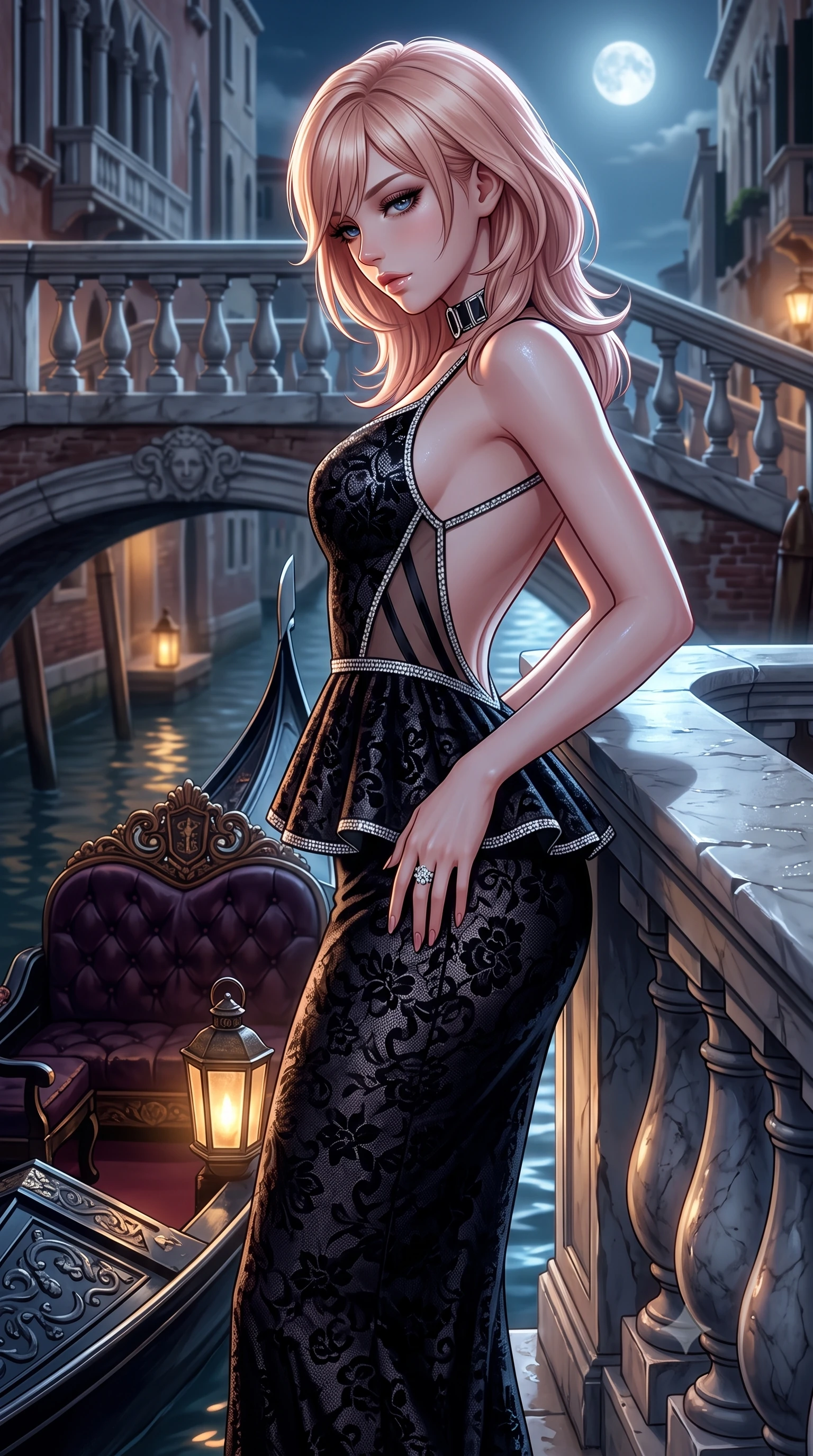 score_9, masterpiece, best quality, ultra-detailed, high-budget anime keyframe, semi-realistic 3D game render, editorial fashion photography, tasteful artistic composition, Japanese woman. close-up cowboy shot from the waist and thighs up, the character dominates the composition, filling the frame with her large presence. arching her spine backward with effortless dancer poise, one hand sliding along her hip line as directional light carves specular highlights along her silhouette while leaning against the marble balustrade of a Grand Canal palazzo with hips cocked back, gazing down at the passing gondolas with seductive bedroom-eyes. The surrounding environment is rendered in vivid detail and crisp panoramic clarity. sharp carved baroque gondola prow details, velvet cushion tufting, and damp marble masonry in deep focus. She has an exceptionally elegant, slender, and willowy female figure with an ultra-slim waist, flat toned midriff, narrow ribcage, and sculpted feminine hips creating an alluring, slim hourglass silhouette without bulk. sharp v-shaped jawline, high-bridge nose, intricate jewel-like eyes with depth, thick eyelashes, glossy parted lips with a natural sheen, intensely captivating and seductive bedroom-eyes expression, flawlessly proportioned anatomical accuracy, strict slender model proportions, natural body alignment, perfectly sculpted long slender limbs, ultra-slim waistline, clean dynamic posture without body distortion. wearing a structural geometric peplum gown with sheer side-ribbon cutouts and form-fitting skirt in pitch-black velvet with diamond crystal trim, formed from shimmering floral lace over smooth opaque silk lining, complemented by a bold geometric choker and sparkling cocktail ring, the dramatically scooped open back descending to the base of her spine, accentuating her razor-sharp statuesque lines and slim hourglass silhouette. bathed in cool silver full-moon light streaming from above and warm amber gondola lantern uplights. highly saturated vibrant anime colors, detailed shading with soft gradients, rich glossy textures, high-contrast stereoscopic depth, volumetric dynamic lighting, master piece, 9:16 ratio