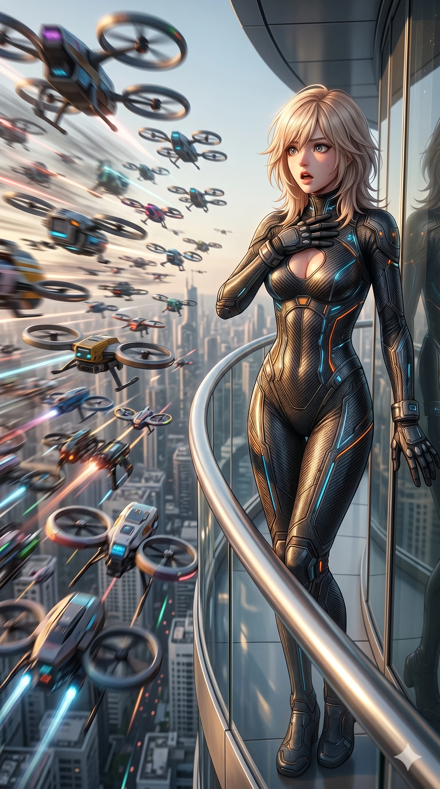 score_9, masterpiece, best quality, ultra-detailed, high-budget anime keyframe, editorial fashion photography, tasteful artistic composition, Japanese woman. cowboy shot from the thighs up, character and outfit filling the frame for maximum editorial presence. flinching back slightly, her hand raised to her collarbone in a gesture of sudden alarm on a skyscraper balcony as a swarm of hover-drones suddenly sweeps past (Scenario Code U-34). She has an absolutely perfect 8-heads proportion, an exceptionally tall and slender female figure with impossibly long slender legs and an ultra-slim waist. V-shaped jawline, high-bridge nose, intricate jewel-like eyes with depth, thick eyelashes, glossy lips with a natural sheen. wearing a glove-like carbon-fiber combat suit featuring a chest cutout and glowing line details. drenched in a sharp golden key light that highlights her surprised facial expression. 2k, ultra detail, master piece, 9:16 ratio