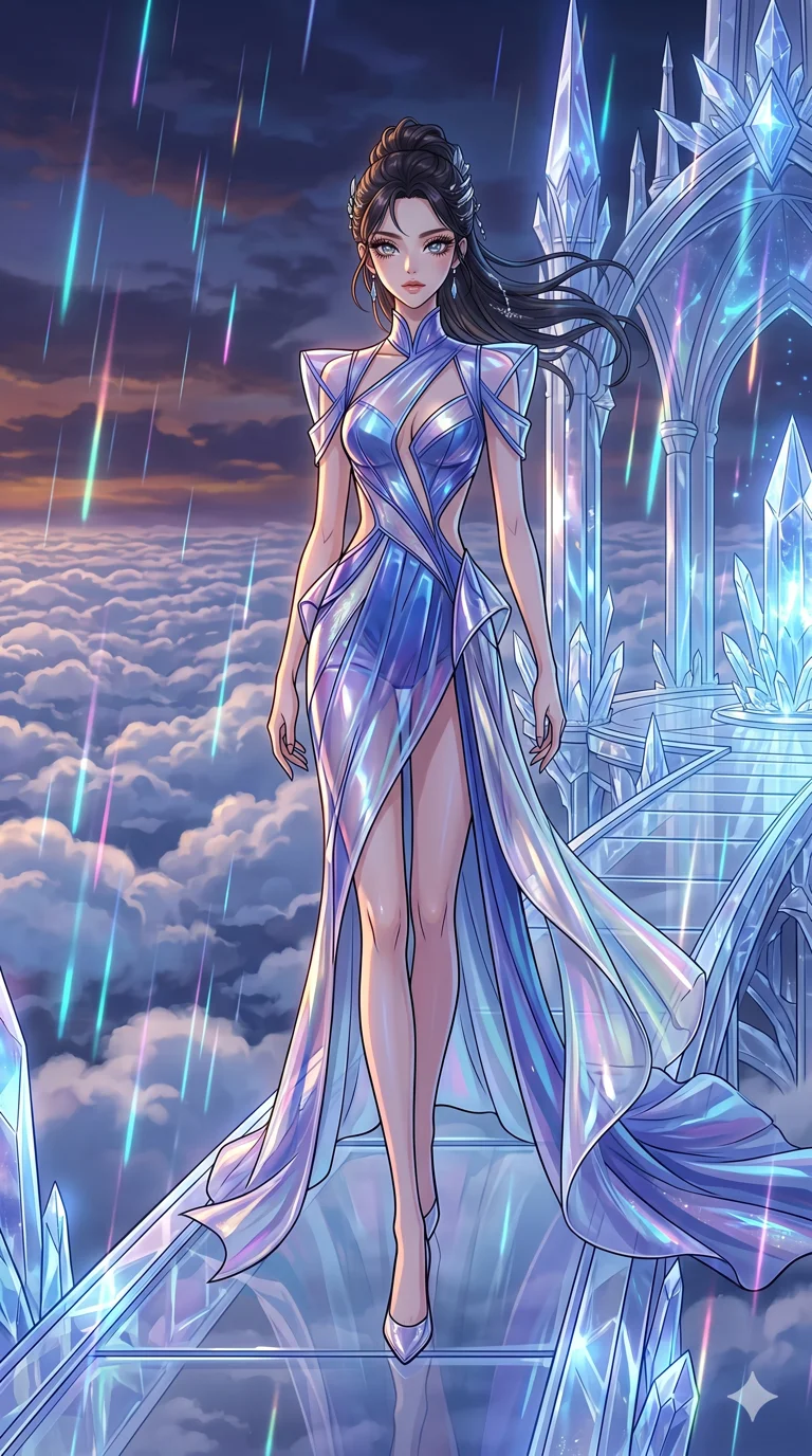 score_9, masterpiece, best quality, ultra-detailed, high-budget anime movie keyframe, cinematic anime lighting, intricate line art, Korean anime girl. Dynamic full-body shot stretching the vertical silhouette across the 9:16 frame. navigating a sea of clouds in a crystal palace above the clouds with holographic rain. She has an absolutely perfect 8-heads proportion, an exceptionally tall and slender female figure with an ultra-slim waist and impossibly long slender legs. sharp v-shaped jawline, high-bridge nose, intricate jewel-like eyes, thick eyelashes, glossy lips. Wearing avant-garde high-fashion gown made of iridescent vinyl with a dangerously high side slit and a plunging neckline, revealing an ultra-slim waist and long slender legs. The scene is illuminated by dramatic atmospheric lighting and vibrant color palettes. 2k, ultra detail, master piece, 9:16 ratio
