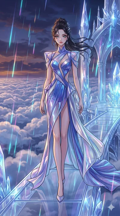 score_9, masterpiece, best quality, ultra-detailed, high-budget anime movie keyframe, cinematic anime lighting, intricate line art, Korean anime girl. Dynamic full-body shot stretching the vertical silhouette across the 9:16 frame. navigating a sea o