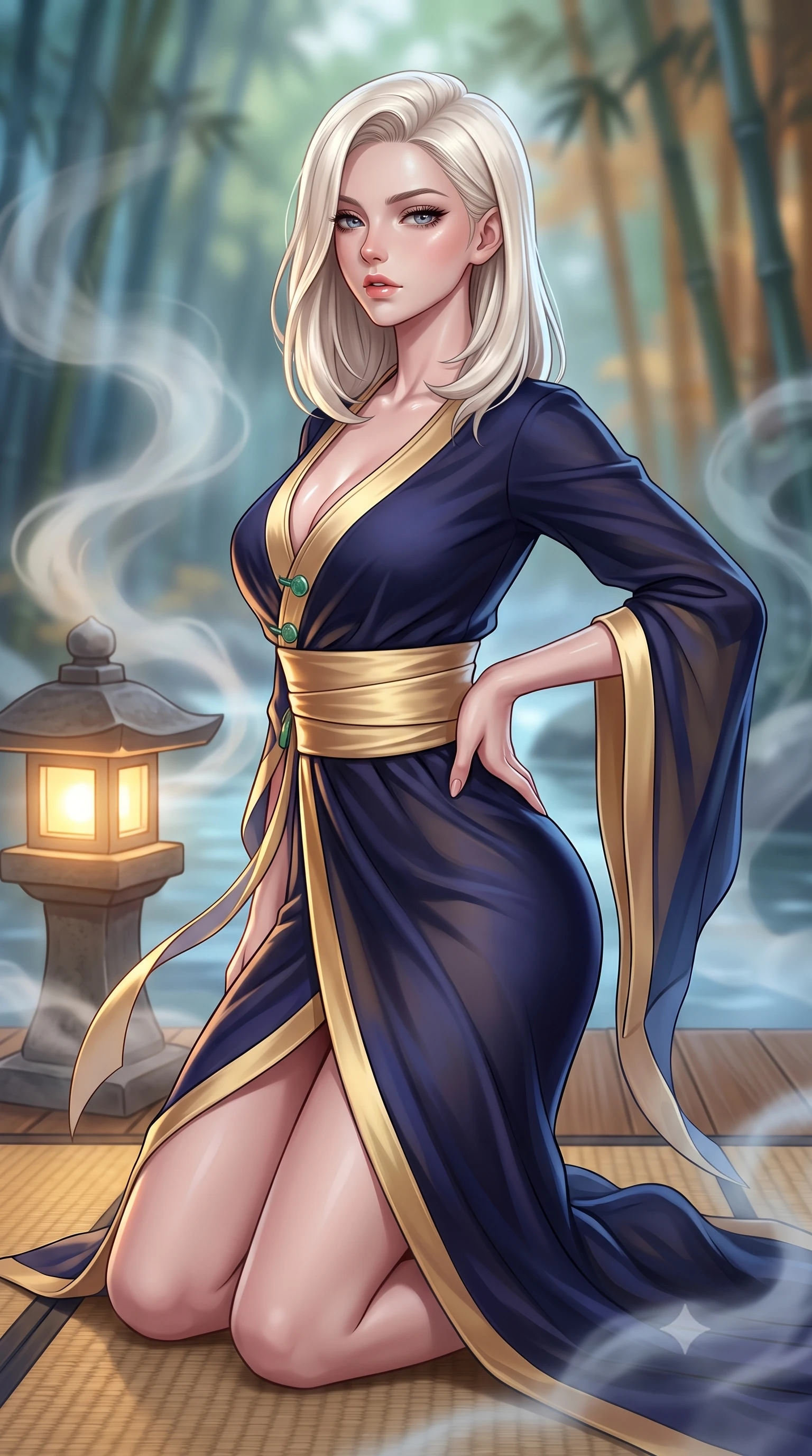 score_9, masterpiece, best quality, ultra-detailed, high-budget anime keyframe, semi-realistic 3D game render, editorial fashion photography, tasteful artistic composition, Caucasian woman. close-up cowboy shot from the waist and thighs up, the character dominates the composition, filling the frame with her large presence. twisting her slender torso in a deep contrapposto stance, hips dramatically shifted to accentuate her feminine curves while looking past her shoulder with smoldering bedroom-eyes while kneeling gracefully on the warm tatami deck beside a glowing stone lantern, one hand resting on her bare hip as cool river mist curls around her. The composition keeps background elements in soft focus with creamy bokeh. swirling thermal steam vapors and rustling bamboo stalks blurred into cool cerulean, soft jade-green, and warm amber bokeh. She has an exceptionally elegant, slender, and willowy female figure with an ultra-slim waist, a gracefully sculpted slender torso, toned flat midriff, and rounded feminine hips creating an alluring hourglass silhouette. sharp v-shaped jawline, high-bridge nose, intricate jewel-like eyes with depth, thick eyelashes, glossy parted lips with a natural sheen, intensely captivating and seductive bedroom-eyes expression, flawlessly proportioned anatomical accuracy, strict slender model proportions, natural body alignment, perfectly sculpted long slender limbs, ultra-slim waistline, clean dynamic posture without body distortion. wearing a traditional-modern silk fusion wrap dress with asymmetric trailing sleeves and waist-cinching obi in midnight indigo and glowing starlight gold, tailored from crisp ceremonial cotton and multi-layered translucent chiffon, finished with genuine jade button closures and floating celestial silk ribbons, the glove-like aerodynamic silhouette tightly following the natural contour of her hips and long slender legs with statuesque precision. illuminated by wet specular highlights accentuating her slender neckline, sculpted waist, and rounded hips. highly saturated vibrant anime colors, detailed shading with soft gradients, rich glossy textures, high-contrast stereoscopic depth, volumetric dynamic lighting, master piece, 9:16 ratio