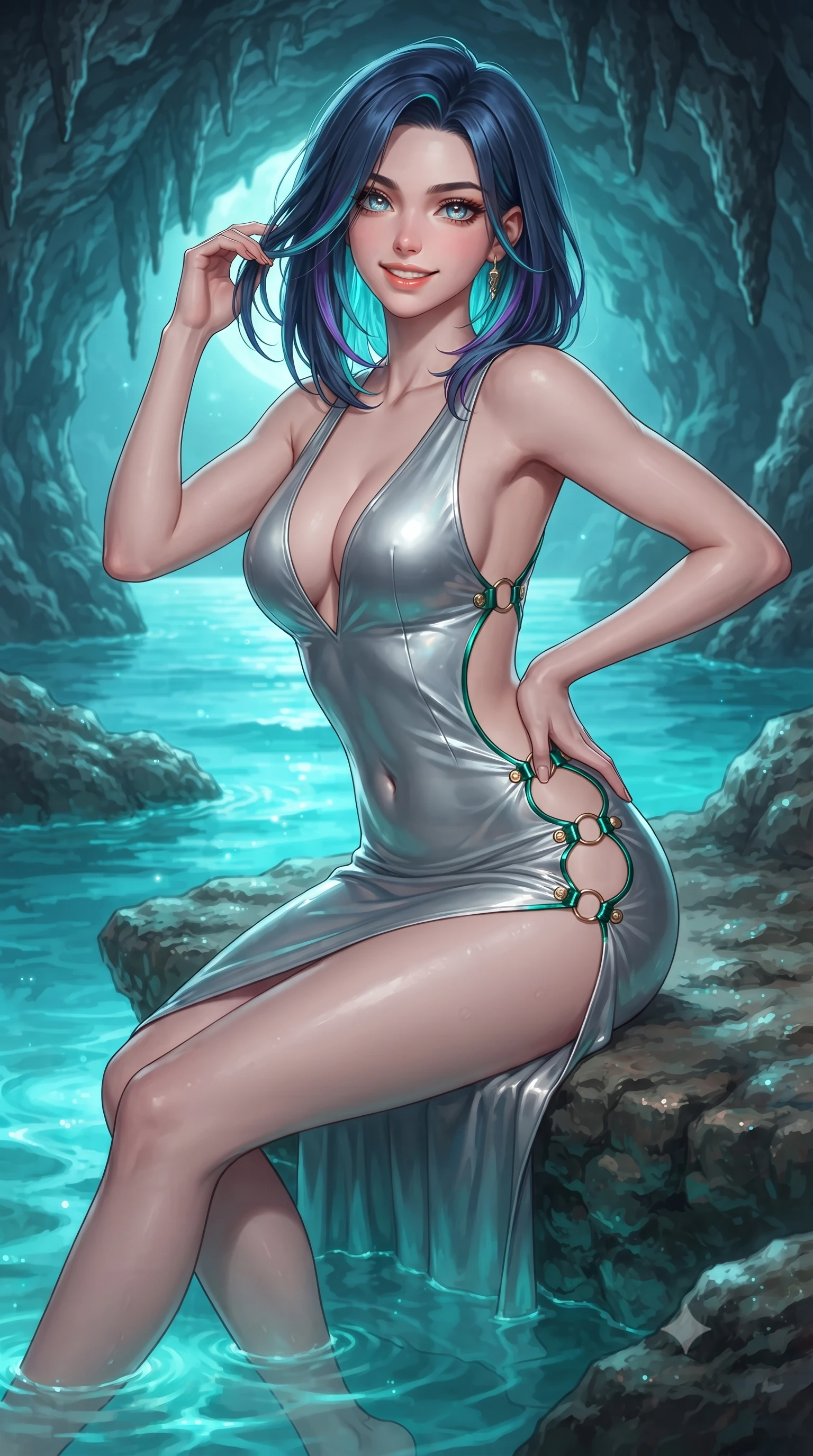 score_9, masterpiece, best quality, ultra-detailed, high-budget anime keyframe, editorial fashion photography, tasteful artistic composition, Caucasian woman. close-up cowboy shot from the waist and thighs up, the character dominates the composition, filling the frame with her large presence. twisting her slender torso in an alluring contrapposto stance, one hand resting on her sculpted hip while her fingers toy with her hair with effortless poise while sitting gracefully on the natural stone shelf propped on one hand, her long slender legs trailing in the illuminated turquoise tide. The surrounding environment is rendered in vivid detail and crisp panoramic clarity: sharp natural limestone stalactite textures, crystal-clear water meniscus, and damp rock surface glisten in deep focus. She has an exceptionally elegant, slender, and willowy female figure with an ultra-slim waist, flat toned midriff, narrow ribcage, and sculpted feminine hips creating an alluring, slim hourglass silhouette without bulk. sharp v-shaped jawline, high-bridge nose, intricate jewel-like sparkling eyes with depth, thick eyelashes, glossy parted lips with a natural peach sheen, bright cheerful beaming smile with an enchanting and coquettish sensual glint, exuding both youthful cute charm and seductive allure, flawlessly proportioned anatomical accuracy, strict slender model proportions, natural body alignment, perfectly sculpted long slender limbs, ultra-slim waistline, clean dynamic posture without body distortion. wearing a liquid silver jersey plunge-neck bodycon dress with daring side cutouts tracing her dewy waist and hips in Monte Carlo casino emerald green and polished brass, crafted from high-tensile reflective patent leather with sleek specular highlights, finished with fine gold ring clasps securing the daring side openings along her hip line, the precision-cut side openings and low-back scoop framing her graceful spine and the sensual sweep of her slim, toned hips. bathed in ethereal bioluminescent cyan-teal glow radiating from the sea water mixed with cool silver moonlight. ultra-reflective glossy finish, specular highlights, rich textural contrasts, high-contrast stereoscopic depth, volumetric dynamic lighting, 2k, ultra detail, master piece, 9:16 ratio