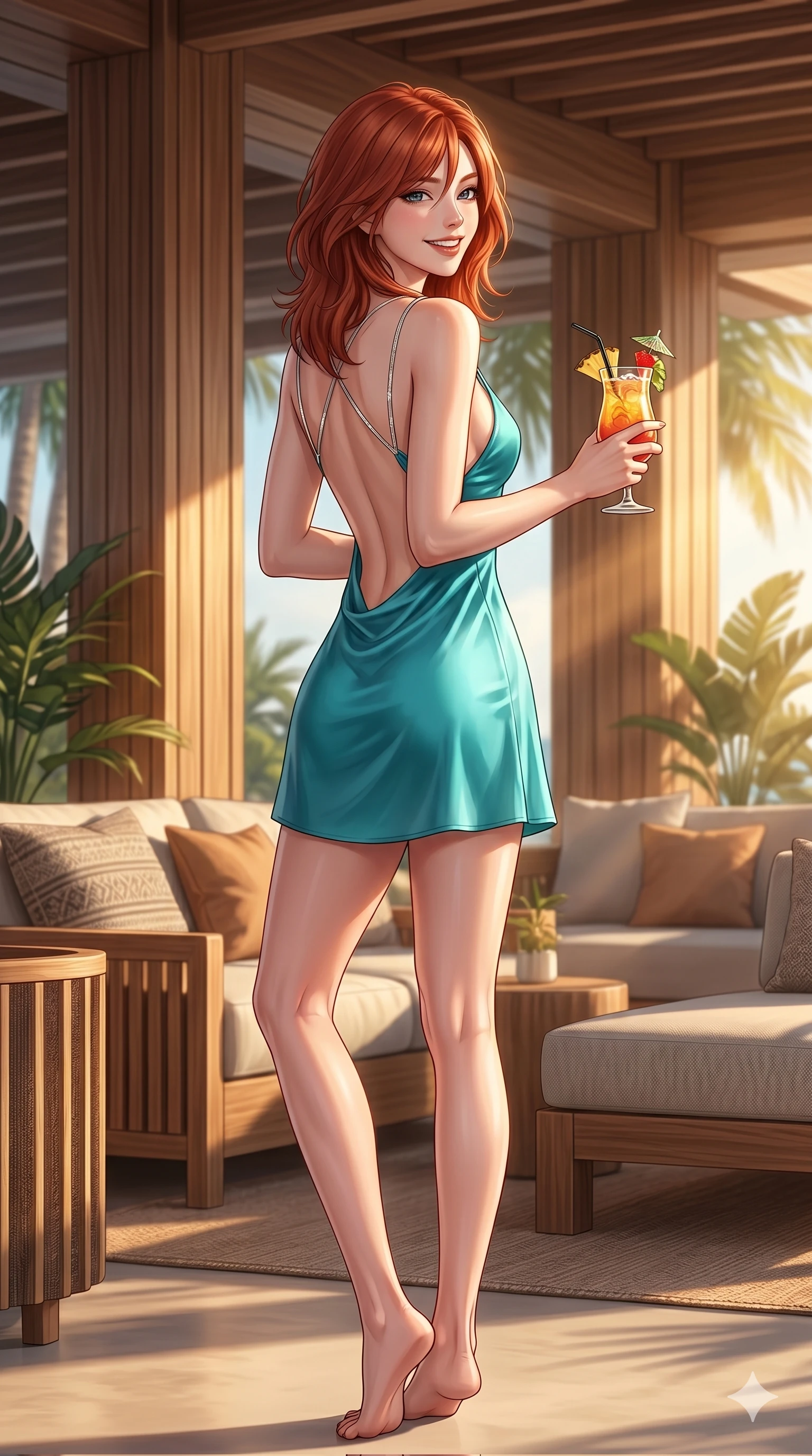 score_9, masterpiece, best quality, ultra-detailed, high-budget anime keyframe, editorial fashion photography, tasteful artistic composition, Korean woman. cowboy shot from the thighs up, character and outfit filling the frame for maximum editorial presence. holding a tropical drink, looking back with a bright, playful grin inside a luxury beach club lounge with modern wooden decor. She has an absolutely perfect 8-heads proportion, an exceptionally tall and slender female figure with impossibly long slender legs and an ultra-slim waist. V-shaped jawline, high-bridge nose, intricate jewel-like eyes with depth, thick eyelashes, glossy lips with a natural sheen. wearing a turquoise silk slip dress with an open-back design and delicate silver straps. bathed in warm afternoon sunbeams streaming through the open lounge front. 2k, ultra detail, master piece, 9:16 ratio