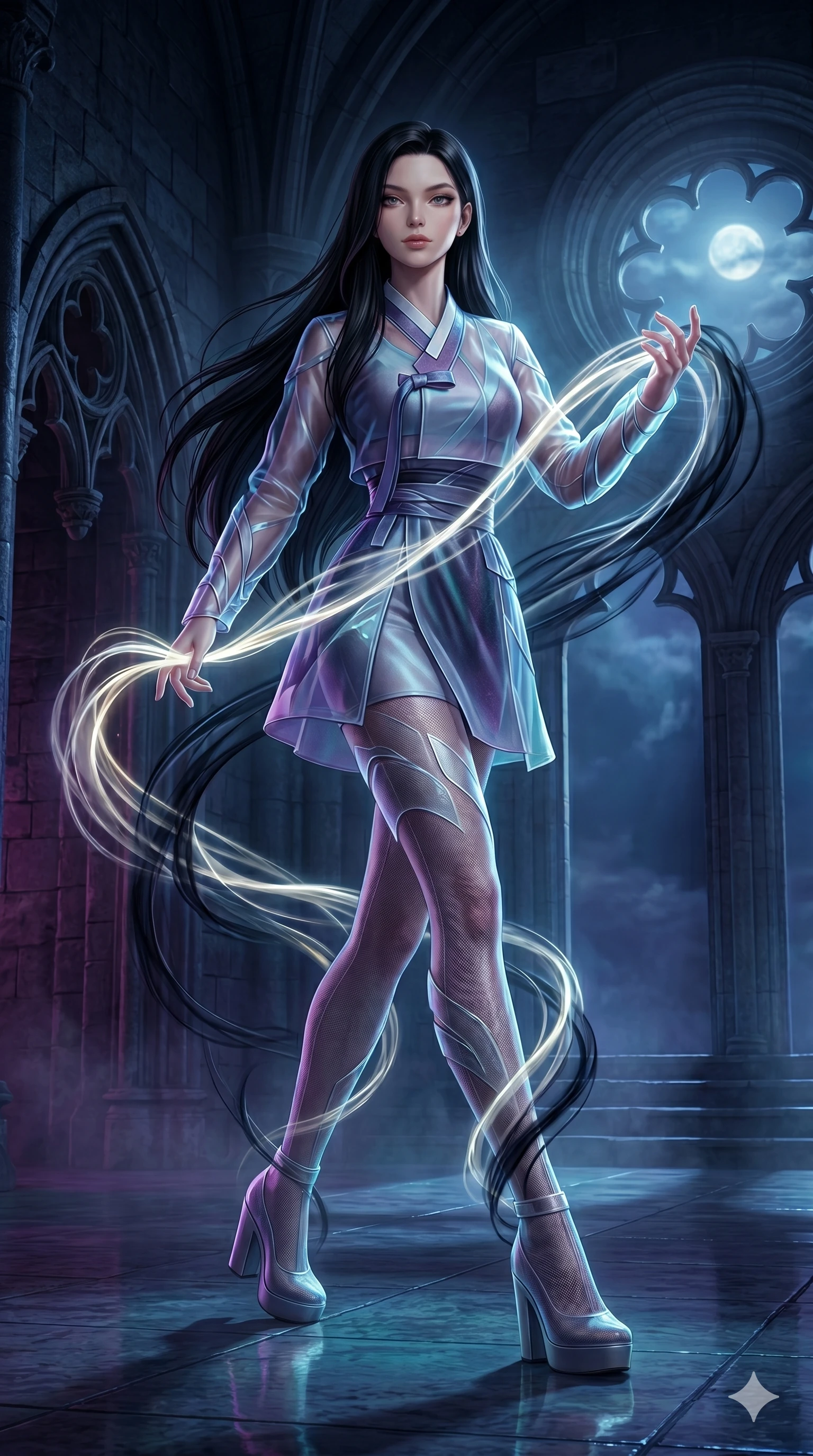 score_9, masterpiece, best quality, ultra-detailed, photorealistic 8k CG, hyper-detailed textures, ray-tracing, Caucasian (strictly human ears) woman. Low angle cowboy shot capturing a powerful motion and statuesque presence. weaving armor out of moonlight and shadows in a dark tower. She has an absolutely perfect 8-heads proportion, an exceptionally tall and slender female figure with an ultra-slim waist and impossibly long slender legs. strictly human anatomy, two legs only, no extra limbs, clearly defined legs and arms, perfect anatomy, perfect hands and fingers. sharp v-shaped jawline, high-bridge nose, intricate jewel-like eyes, thick eyelashes, glossy lips. Wearing Modern Traditional: Shortened cyber-hanbok with fusion silk robes and transparent panels. The scene is illuminated by dramatic atmospheric lighting and vibrant color palettes. , 2k, ultra detail, master piece, 9:16 ratio