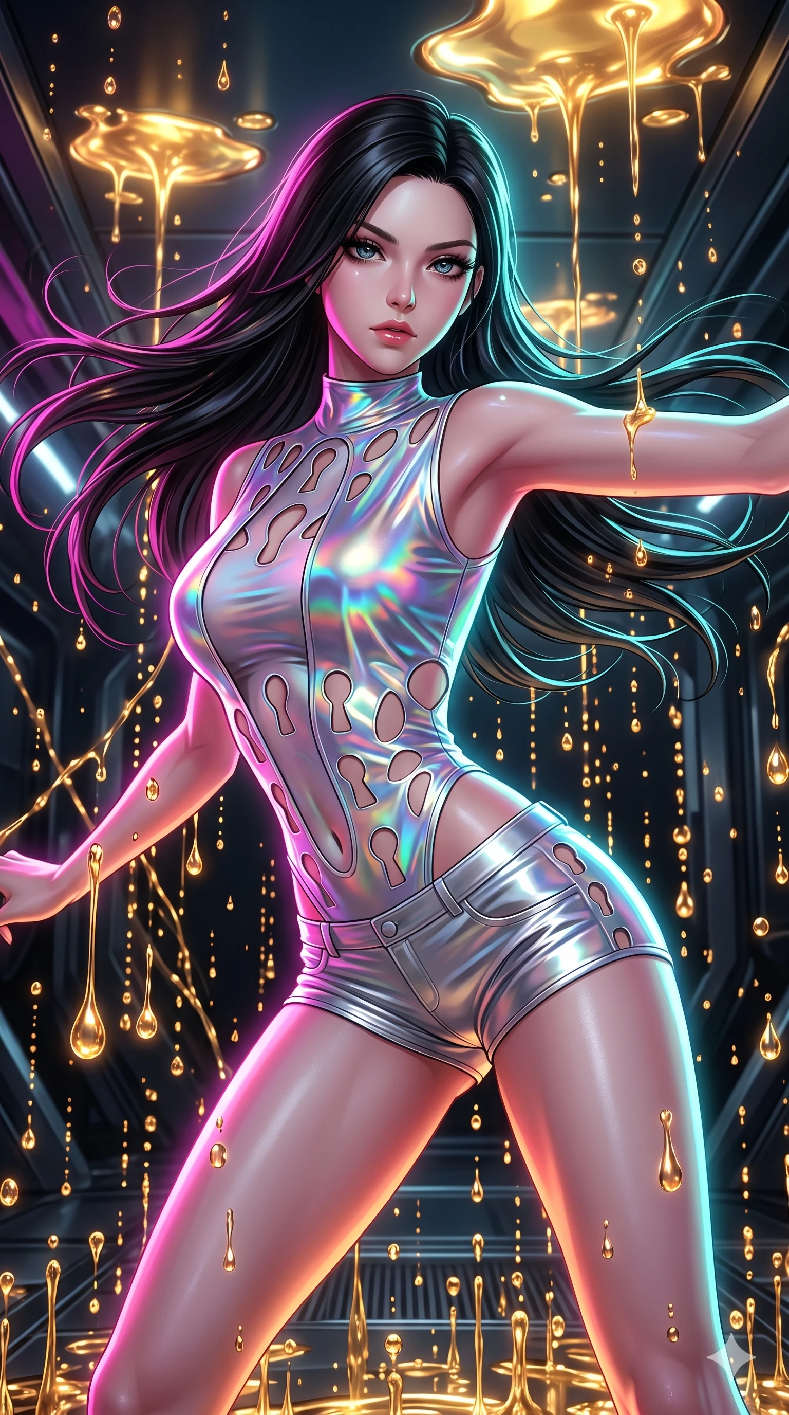 score_9, masterpiece, best quality, ultra-detailed, high-budget anime keyframe, Japanese woman. upper body close-up from the thighs up, character filling the screen for maximum presence. dodging ethereal liquid gold rain that rises upward from the ground in warm shimmering droplets under an inverted gravity field. She has an absolutely perfect 8-heads proportion, an exceptionally tall and slender female figure with impossibly long slender legs and an ultra-slim waist. V-shaped jawline, high-bridge nose, intricate jewel-like eyes with depth, thick eyelashes, glossy lips with a natural sheen.. wearing a holographic liquid silk vest and silver metallic micro-shorts, featuring a keyhole cutout and form-fitting silhouette. bathed in brilliant cinematic volumetric lighting and intense neon rim light highlighting her slender form. 2k, ultra detail, master piece, 9:16 ratio