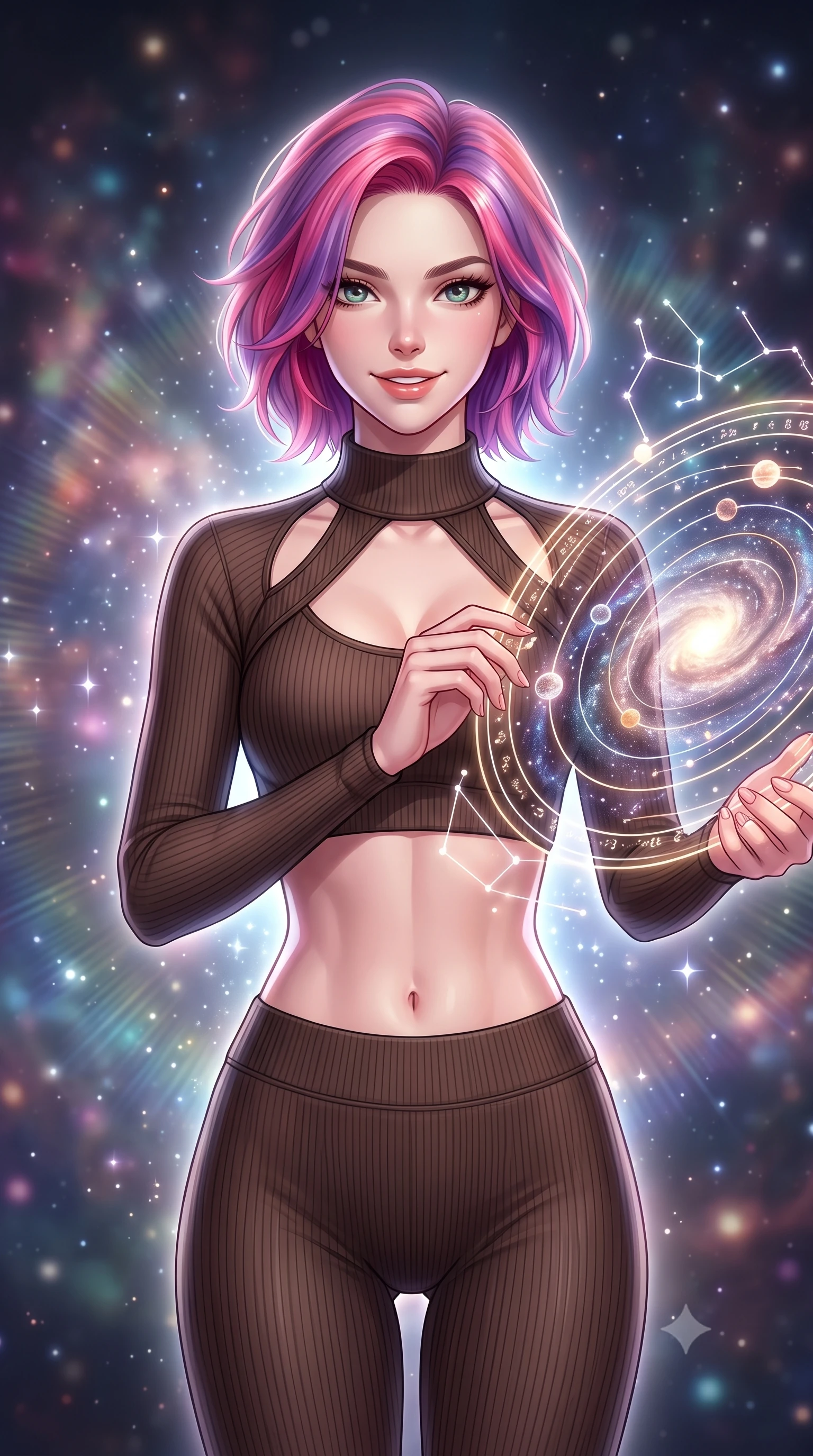 score_9, masterpiece, best quality, ultra-detailed, high-budget anime keyframe, editorial fashion photography, tasteful artistic composition, Caucasian woman. close-up cowboy shot from the waist and thighs up, the character dominates the composition, filling the frame with her large presence, background elements kept in soft focus. Smiling with quiet, magnetic self-assurance directly into the lens adjusting a luminous planetary orbital dial filled with galaxy dust, glowing constellation lines tracing intricate patterns nearby. She has an exceptionally elegant, slender, and willowy female figure with an ultra-slim waist, a gracefully sculpted slender torso, and a refined silhouette. sharp v-shaped jawline, high-bridge nose, intricate jewel-like eyes with depth, thick eyelashes, glossy lips with a natural sheen. wearing a form-fitting ribbed activewear set in espresso brown with elegant collar cutouts, the form-contouring material highlighting her ultra-slim waist and long lines. surrounded by a glowing aura of starlight and shimmering celestial rays. highly saturated vibrant anime colors, detailed shading with soft gradients, rich glossy textures, high-contrast stereoscopic depth, volumetric dynamic lighting, master piece, 9:16 ratio