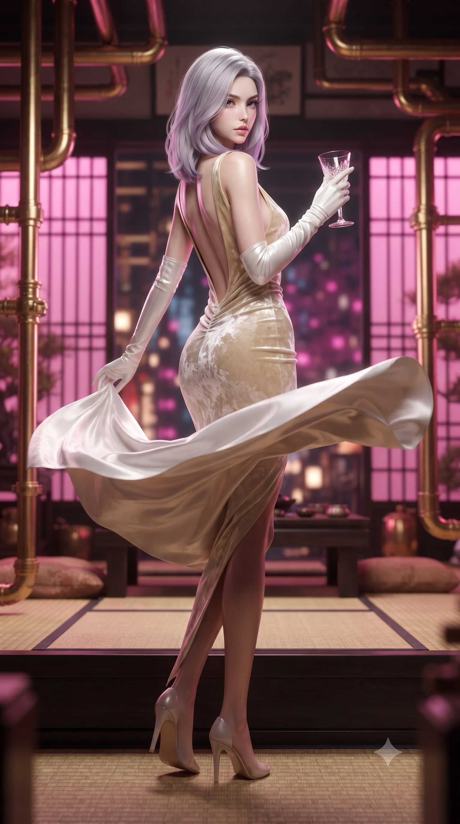 score_9, masterpiece, best quality, ultra-detailed, high-budget anime keyframe, editorial fashion photography, tasteful artistic composition, Caucasian woman. low angle full-body shot from head to toe showing her feet, filling the entire 9:16 vertical frame with her statuesque presence, stretching her vertical silhouette. executing an elegant mid-motion pivot turn as garments swirl around her slender limbs, glancing over her shoulder with an intoxicating bedroom-gaze while sitting perched on an elevated tatami platform surrounded by polished brass steam pipes and glowing pink neon lattice screens, arching her lower back with sovereign poise. The composition keeps background elements in soft focus with creamy bokeh. intricate glowing neon shoji screens and polished copper steam pipes blurred into hot magenta, cyber-gold, and plum bokeh. She has an exceptionally tall and slender model-like 8.5-heads proportion, an ultra-slim waist, a flat toned midriff, narrow delicate ribcage, and beautifully sculpted feminine hips creating a graceful, slim hourglass silhouette without any bulky heaviness, with impossibly long slender legs. sharp v-shaped jawline, high-bridge nose, intricate jewel-like eyes with depth, thick eyelashes, glossy parted lips with a natural sheen, intensely captivating and seductive bedroom-eyes expression, flawlessly proportioned anatomical accuracy, strict slender model proportions, natural body alignment, perfectly sculpted long slender limbs, ultra-slim waistline, clean dynamic posture without body distortion. wearing a liquid-silk jersey evening gown with an ultra-deep plunging open back descending to the base of her spine and a sculpted hip-hugging skirt in pure alabaster white and sun-kissed gold, crafted from heavyweight crushed silk velvet with liquid vintage luster, accessorized with opera-length satin gloves and a vintage crystal glass, the dramatically scooped open back descending to the base of her spine, accentuating her razor-sharp statuesque lines and slim hourglass silhouette. illuminated by crisp directional edge lights defining her sculpted collarbones, ultra-slim waist, and curvy hips. ultra-reflective glossy finish, specular highlights, rich textural contrasts, high-contrast stereoscopic depth, volumetric dynamic lighting, 2k, ultra detail, master piece, 9:16 ratio