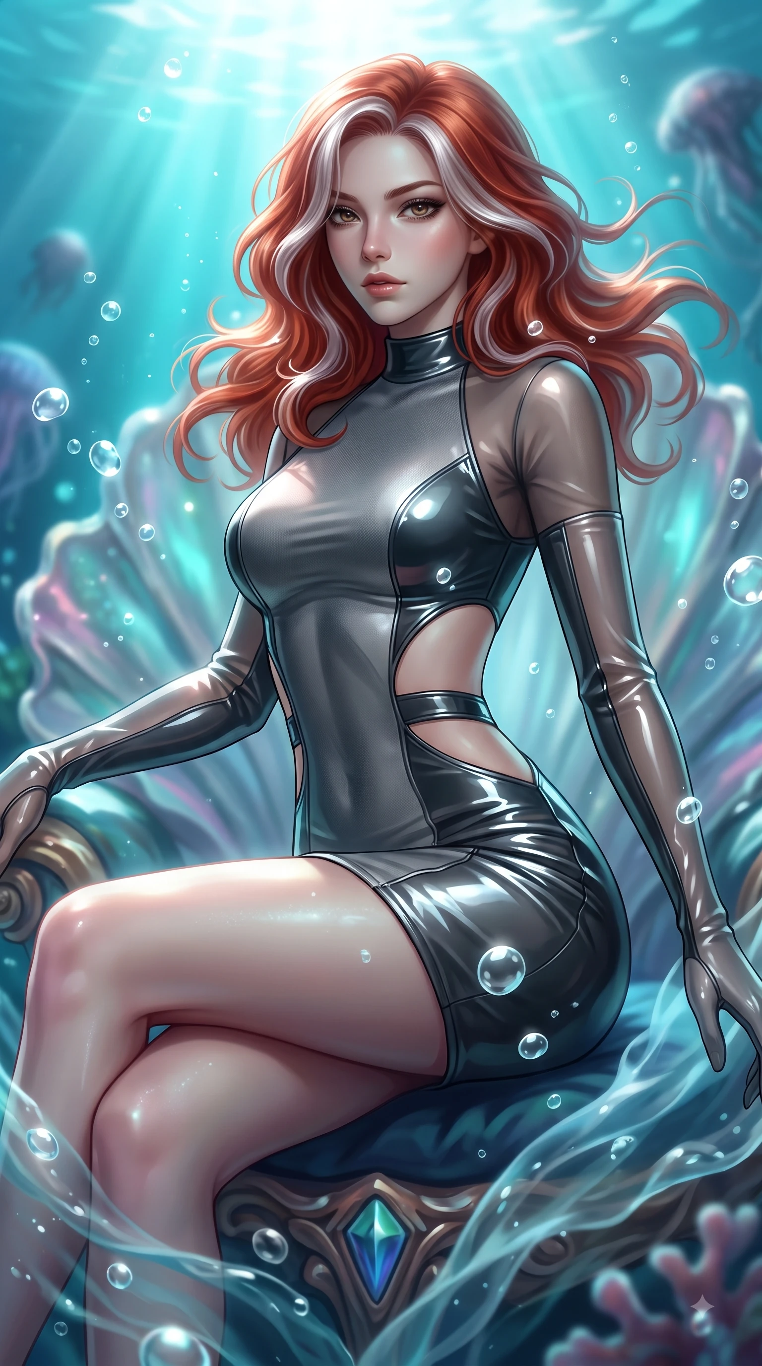 score_9, masterpiece, best quality, ultra-detailed, high-budget anime keyframe, editorial fashion photography, tasteful artistic composition, Caucasian woman. close-up cowboy shot from the waist and thighs up, the character dominates the composition, filling the frame with her large presence, background elements kept in soft focus. Gazing past the lens with smoldering intensity as her torso curves dynamically in mid-stride while poised on an abyssal prism shell throne as gentle sea bubbles cast pearl-white highlights, gentle ocean currents swaying her lightweight attire in fluid underwater motions. She has an exceptionally elegant, slender, and willowy female figure with an ultra-slim waist, a gracefully sculpted slender torso, and a refined silhouette. sharp v-shaped jawline, high-bridge nose, intricate jewel-like eyes with depth, thick eyelashes, glossy lips with a natural sheen, flawlessly proportioned anatomical accuracy, natural body alignment, perfectly sculpted elegant limbs, clean dynamic posture without body distortion. wearing a sleek bodycon knit dress with strategic sheer organza sleeve panels in charcoal grey and platinum, tailored from high-gloss patent leather, featuring clean architectural cutouts along her slender torso, the glove-like fit emphasizing her statuesque silhouette during motion. bathed in brilliant underwater sunbeams and soft turquoise caustic glow. ultra-reflective glossy finish, specular highlights, metallic sheen, high-contrast stereoscopic depth, volumetric dynamic lighting, 2k, ultra detail, master piece, 9:16 ratio