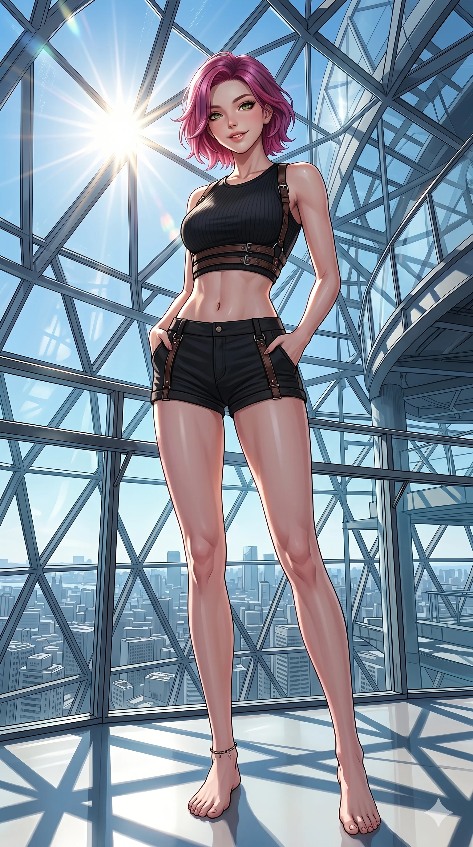score_9, masterpiece, best quality, ultra-detailed, high-budget anime keyframe, vibrant anime aesthetic, Caucasian woman, strictly human ears. low angle full-body shot from head to toe showing her feet, filling the entire 9:16 vertical frame with her statuesque presence, stretching her vertical silhouette. She is posing with a warm, sensual smile, her eyes glowing with lively energy inside a modern architectural glass dome overlooking the city (Code-P20-057). She has an absolutely perfect 8-heads proportion, an exceptionally tall and slender female figure with impossibly long slender legs and an ultra-slim waist. V-shaped jawline, high-bridge nose, intricate jewel-like eyes with depth, thick eyelashes, glossy lips with a natural sheen. wearing a harness over a crop top exposing her bare midriff and micro-shorts. She is illuminated by a brilliant midday sun, highlighting her athletic figure and smile. 2k, ultra detail, master piece, 9:16 ratio