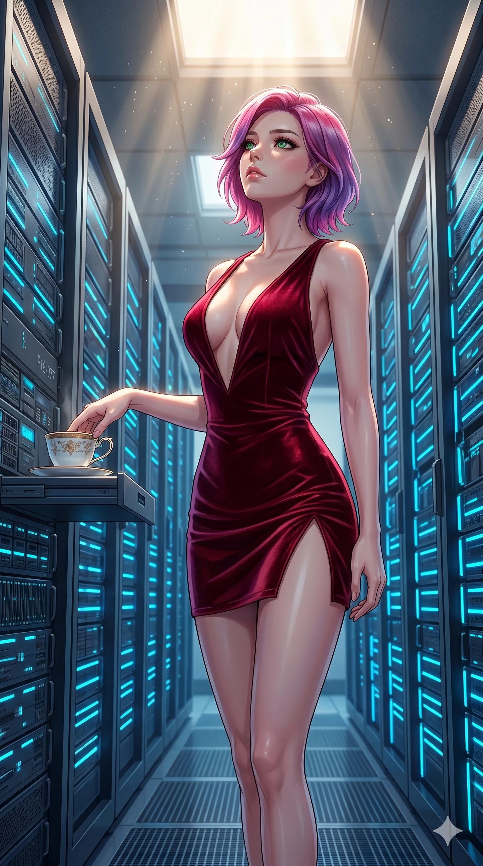 score_9, masterpiece, best quality, ultra-detailed, high-budget anime keyframe, editorial fashion photography, tasteful artistic composition, Caucasian woman, strictly human ears. cowboy shot from the thighs up, character and outfit filling the frame for maximum editorial presence. resting her fingers on a porcelain tea cup, looking up inside a digital server room with rows of pulsing neon blue light lines (Code-P18-077). She has an absolutely perfect 8-heads proportion, an exceptionally tall and slender female figure with impossibly long slender legs and an ultra-slim waist. V-shaped jawline, high-bridge nose, intricate jewel-like eyes with depth, thick eyelashes, glossy lips with a natural sheen. wearing a velvet bodycon mini dress featuring a daring plunging neckline and high slit. soft morning sunbeams filtering through the skylight, highlighting her high-bridge nose. 2k, ultra detail, master piece, 9:16 ratio