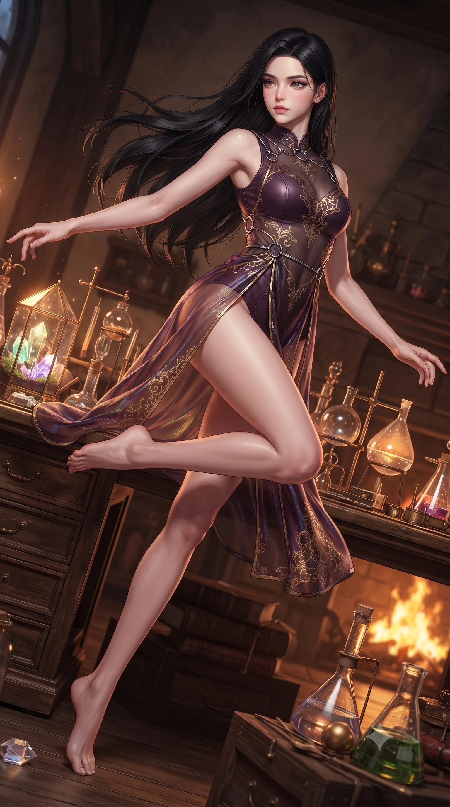 score_9, masterpiece, best quality, ultra-detailed, high-budget anime keyframe, editorial fashion photography, tasteful artistic composition, Korean woman. low angle full-body shot from head to toe showing her feet, filling the entire 9:16 vertical frame with her statuesque presence, stretching her vertical silhouette. leaping gracefully through the environment with statuesque elegance and long slender legs resting on an antique wooden workbench surrounded by glowing crystal terrariums, intricate brass alchemy tools and glass retorts reflecting warm hearth fire. She has an absolutely perfect, statuesque 8.5-heads proportion, an exceptionally tall and slender model-like female figure with impossibly long slender legs and an ultra-slim waist. sharp v-shaped jawline, high-bridge nose, intricate jewel-like eyes with depth, thick eyelashes, glossy lips with a natural sheen. wearing a semi-opaque sheer overlay dress over a leather micro-bodysuit in plum purple and gold filigree, made of premium stretch velvet with a rich sheen, accented with delicate chrome ring hardware framing her waist, the elegant draped fit framing her graceful clavicle and slender torso. surrounded by a cozy, magical atmosphere with rich warm tones. ultra-reflective glossy finish, specular highlights, metallic sheen, high-contrast stereoscopic depth, volumetric dynamic lighting, 2k, ultra detail, master piece, 9:16 ratio