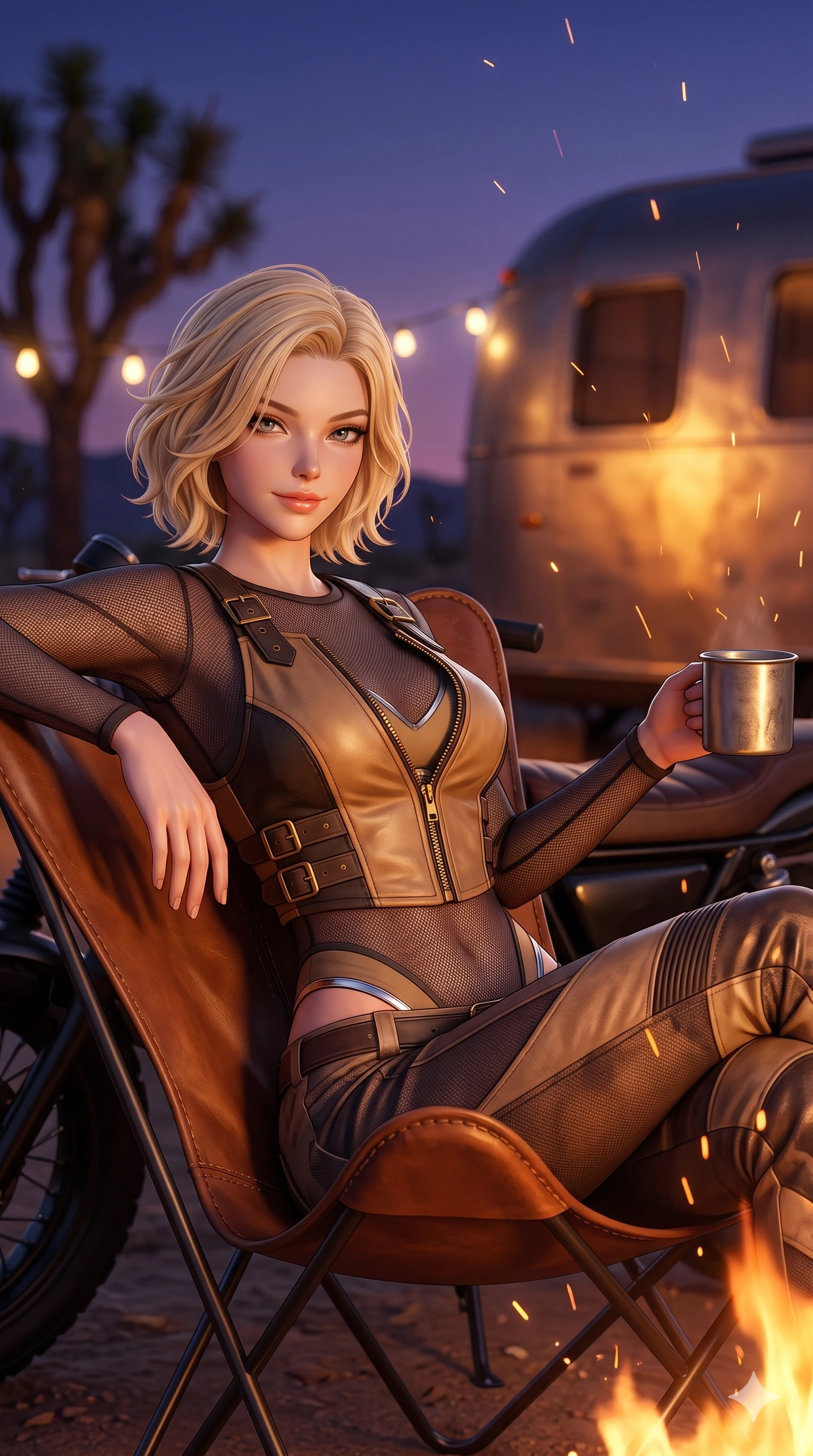 score_9, masterpiece, best quality, ultra-detailed, high-budget anime keyframe, semi-realistic 3D game render, editorial fashion photography, tasteful artistic composition, Caucasian woman. close-up cowboy shot from the waist and thighs up, the character dominates the composition, filling the frame with her large presence. perched sideways on the motorcycle saddle, one knee drawn up to showcase her slender leg line while her arched back accentuates her feminine hip curve while lounging in a vintage butterfly leather chair by the fire, holding a tin mug with effortless coquettish charm and bedroom-eyes as sparks float upward. The background shows a soft-focus curved aluminum trailer reflections, glowing camp string lights, and distant Joshua tree silhouettes blurred into silver, amber, and indigo bokeh. She has an exceptionally elegant, slender, and willowy female figure with an ultra-slim waist, flat toned midriff, narrow ribcage, and sculpted feminine hips creating an alluring, slim hourglass silhouette without bulk. sharp v-shaped jawline, high-bridge nose, sparkling eyes with hypnotic seductive depth, thick curled eyelashes, glossy parted lips with a natural dewy peach sheen, alluring bedroom-eyes with an enchanting coquettish smile, exuding magnetic siren charisma and sophisticated glamour, flawlessly proportioned anatomical accuracy, strict slender model proportions, natural body alignment, perfectly sculpted long slender limbs, ultra-slim waistline, clean dynamic posture without body distortion. wearing a provocative ultra-sheer fishnet long-sleeve bodysuit layered over metallic micro-pasties and micro-thong in matte desert tan and polished chrome accents, tailored from buttery-soft glove lambskin leather clinging smoothly to her narrow waist and rounded hips, finished with sleek heavy-duty brass zip pulls and buckled moto straps, the form-contouring material adhering flawlessly to her sculpted flat midriff and slender torso, emphasizing her long leg lines and perfectly proportioned willowy build. bathed in the warm, dancing amber 2000K glow of crackling mesquite campfire coals contrasting with the deep twilight indigo sky. highly saturated vibrant anime colors, detailed shading with soft gradients, rich glossy textures, high-contrast stereoscopic depth, volumetric dynamic lighting, master piece, 9:16 ratio