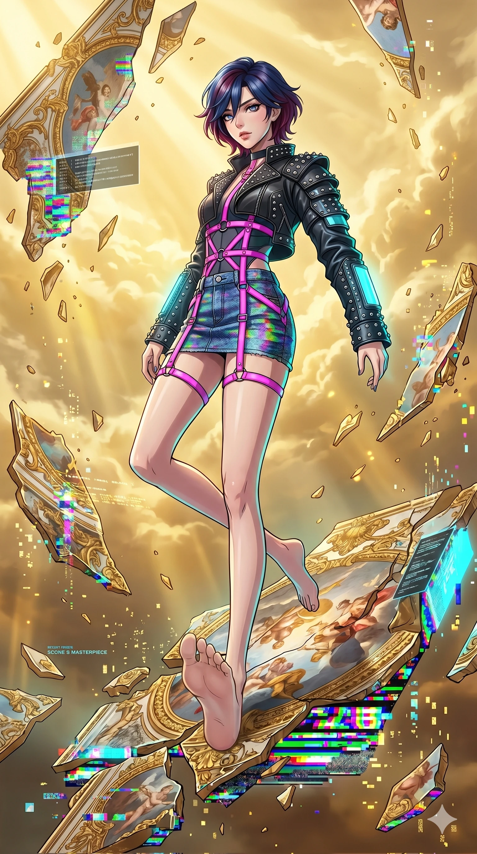 score_9, masterpiece, best quality, ultra-detailed, high-budget anime keyframe, Japanese woman. low angle full-body shot filling the entire 9:16 frame with her statuesque presence, stretching the vertical silhouette. propelling herself off digital baroque ceiling fresco shards that float and reassemble in a golden sky. She has an absolutely perfect 8-heads proportion, an exceptionally tall and slender female figure with impossibly long slender legs and an ultra-slim waist. V-shaped jawline, high-bridge nose, intricate jewel-like eyes with depth, thick eyelashes, glossy lips with a natural sheen.. wearing a glitch denim and studded leather outfit, featuring an RGB glitch pattern denim micro-skirt, a single-sleeve cropped leather jacket, and neon pink harness straps. showcasing a beautiful play of light and shadow, with warm golden rays clashing against cool cyan highlights. 2k, ultra detail, master piece, 9:16 ratio