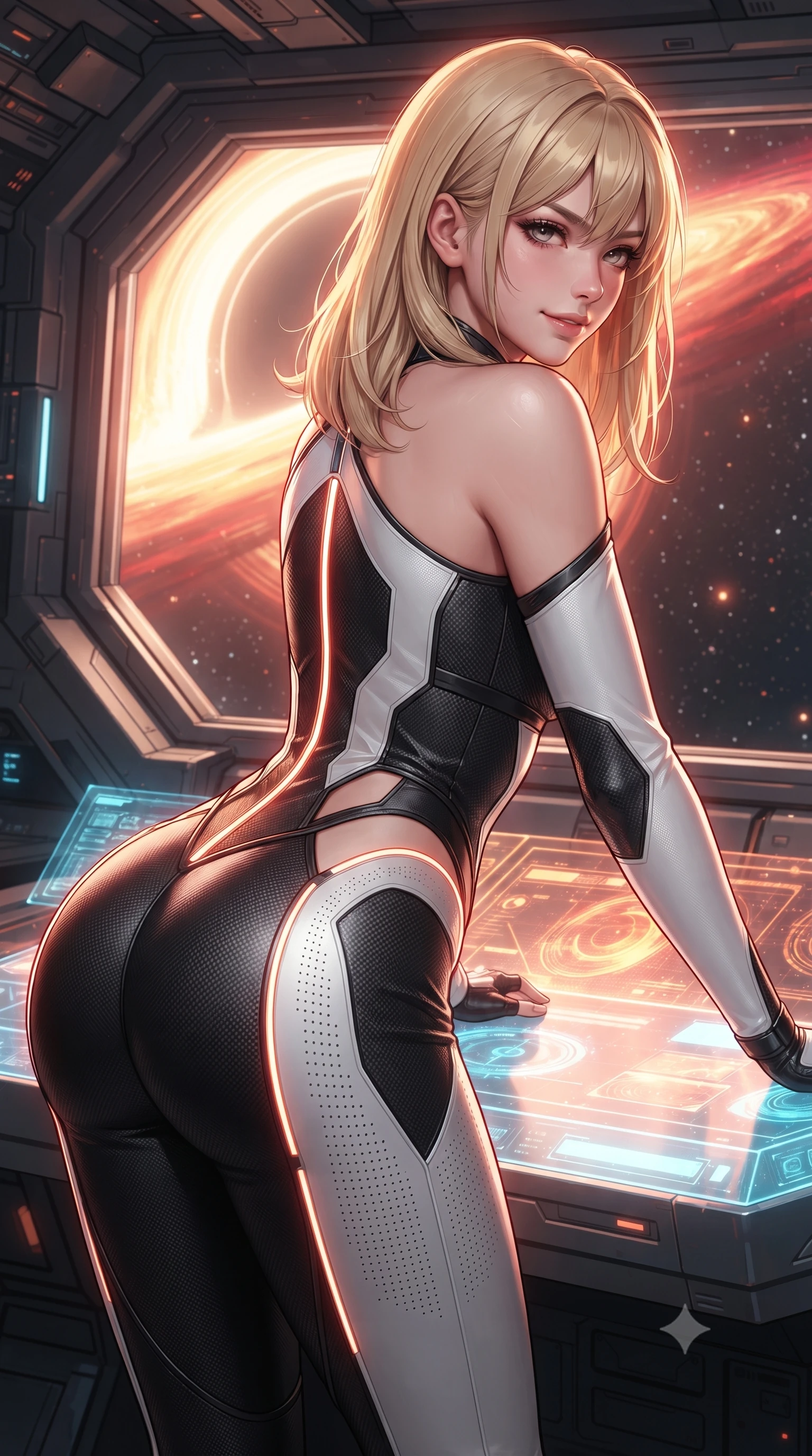 score_9, masterpiece, best quality, ultra-detailed, high-budget anime keyframe, editorial fashion photography, tasteful artistic composition, Japanese woman. close-up cowboy shot from the waist and thighs up, the character dominates the composition, filling the frame with her large presence. leaning forward over the illuminated command console while arching her lower back to accentuate her curvy hips, looking into the camera with a confident smoldering smile and intense bedroom-eyes while leaning against the gravity-stabilizer pedestal with hips cocked back, looking back over a bare shoulder with fearless, intoxicating bedroom-eyes. The surrounding environment is rendered in vivid detail and crisp panoramic clarity: sharp gravity-shield emitter rings, quartz window bevel clarity, and titanium structural truss texture in deep focus. She has an exceptionally elegant, slender, and willowy female figure with an ultra-slim waist, flat toned midriff, narrow ribcage, and sculpted feminine hips creating an alluring, slim hourglass silhouette without bulk. sharp v-shaped jawline, high-bridge nose, intricate jewel-like sparkling eyes with depth, thick eyelashes, glossy parted lips with a natural sheen, bright confident smile with an enchanting and coquettish sensual glint, exuding both youthful magnetic charm and sovereign high-tech allure, flawlessly proportioned anatomical accuracy, strict slender model proportions, natural body alignment, perfectly sculpted long slender limbs, ultra-slim waistline, clean dynamic posture without body distortion. wearing an asymmetric one-shoulder combat catsuit with carbon-weave paneling and an open-waist architecture emphasizing her hips in dual-tone high-contrast monochrome black and stark white, made of high-grade ballistic nylon with precision laser-cut perforations, accented with glowing neon fiber-optic piping tracing her spine and hip lines, the form-fitting tactical tailoring adhering flawlessly to her sculpted flat midriff and slender torso, emphasizing her long leg lines and perfectly proportioned willowy build. bathed in intense, blazing golden and crimson relativistic light streaming from the accretion disk. ultra-reflective glossy finish, specular highlights, rich textural contrasts, high-contrast stereoscopic depth, volumetric dynamic lighting, 2k, ultra detail, master piece, 9:16 ratio