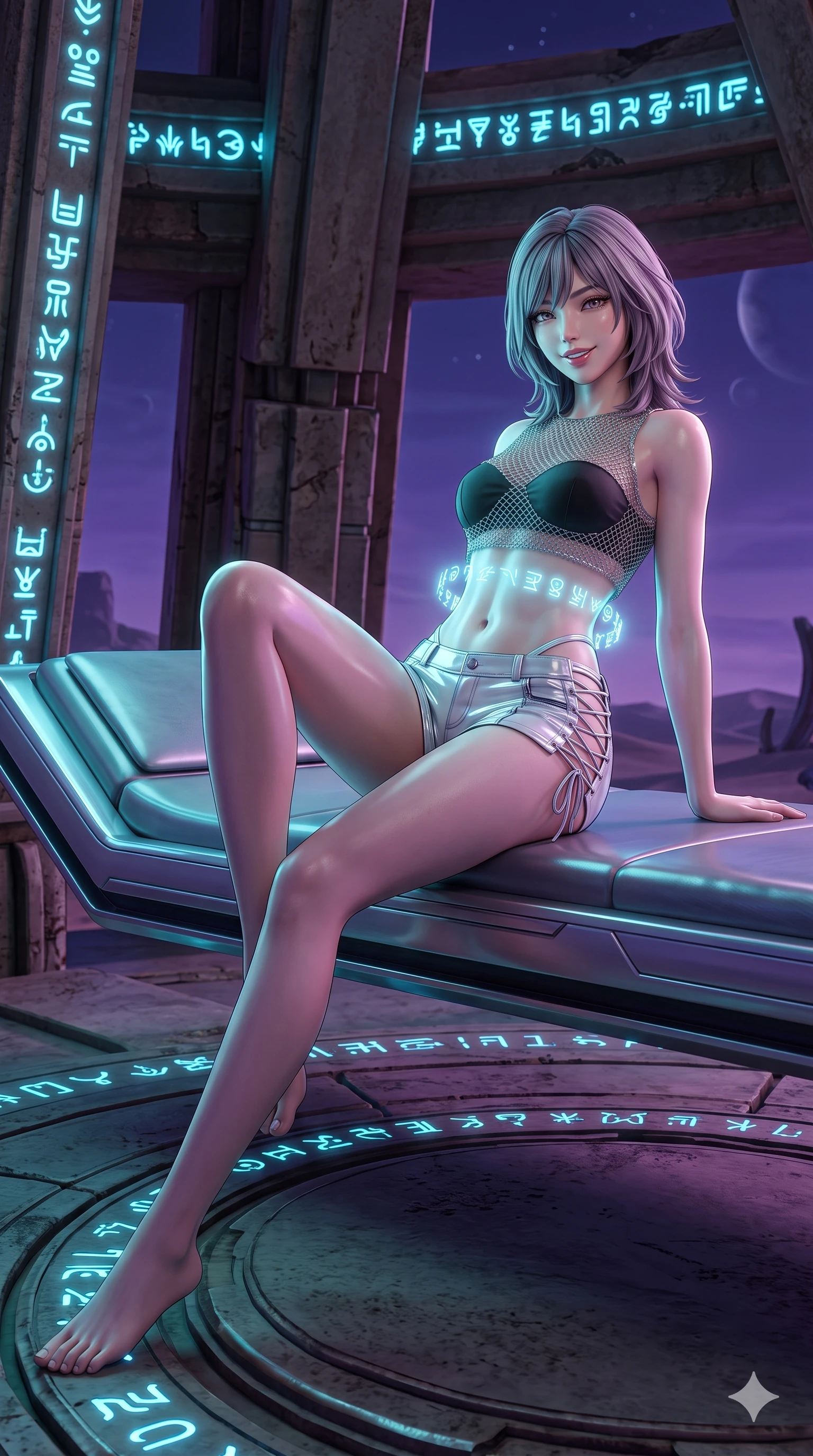 score_9, masterpiece, best quality, ultra-detailed, high-budget anime keyframe, semi-realistic 3D game render, editorial fashion photography, tasteful artistic composition, Japanese woman. low angle full-body shot from head to toe showing her feet, filling the entire 9:16 vertical frame with her statuesque presence, stretching her vertical silhouette. reclining gracefully across the anti-gravity daybed with one leg extended, her sculpted silhouette and flat midriff radiating magnetic futuristic glamour while twisting her slender torso in an alluring S-curve, ethereal blue glyph light wrapping around her flat midriff and hourglass curves. The surrounding environment is rendered in vivid detail and crisp panoramic clarity: detailed tech-lace tailoring, polished magnetic buckle clasps, and ancient alien architecture in razor-sharp clarity. She has an absolutely perfect, statuesque 8.5-heads proportion, an exceptionally tall and slender model-like female figure with impossibly long slender legs, an ultra-slim waist, a flat toned midriff, narrow delicate ribcage, and beautifully sculpted feminine hips creating a graceful, slim hourglass silhouette without any bulky heaviness. sharp v-shaped jawline, high-bridge nose, intricate jewel-like sparkling eyes with depth, thick eyelashes, glossy parted lips with a natural sheen, bright confident smile with an enchanting and coquettish sensual glint, exuding both youthful magnetic charm and sovereign high-tech allure, flawlessly proportioned anatomical accuracy, strict slender model proportions, natural body alignment, perfectly sculpted long slender limbs, ultra-slim waistline, clean dynamic posture without body distortion. wearing a delicate silver chainmail mesh crop top layered over a sculpted matte black bandeau with low-rise combat shorts in pure alabaster white and brushed silver accents, tailored from ultra-reflective glossy liquid vinyl with mirror-like specular highlights, featuring fine criss-cross lace-up side ties revealing tantalizing glimpses of her hip curve, the high-slit tactical tailoring accentuating her ultra-slim waistline and the enchanting curve of her feminine hips with alluring seductive charm. bathed in the serene glowing cyan-blue light of the alien glyphs contrasting with the deep purple ambient twilight of the desert sky. highly saturated vibrant anime colors, detailed shading with soft gradients, rich glossy textures, high-contrast stereoscopic depth, volumetric dynamic lighting, master piece, 9:16 ratio