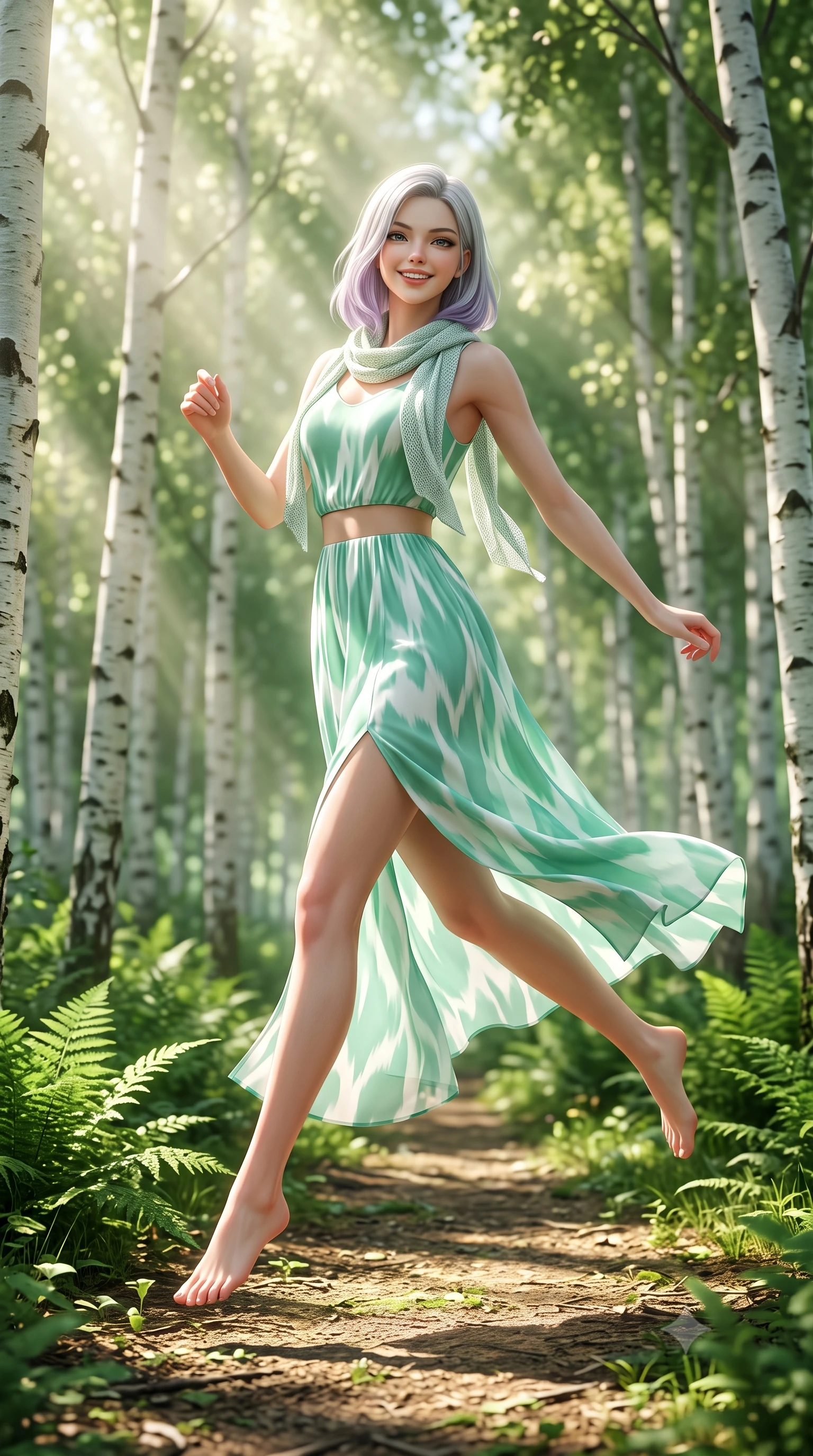 score_9, masterpiece, best quality, ultra-detailed, high-budget anime keyframe, semi-realistic 3D game render, editorial fashion photography, tasteful artistic composition, Caucasian woman. low angle full-body shot from head to toe showing her feet, filling the entire 9:16 vertical frame with her statuesque presence, stretching her vertical silhouette. leaping with lighthearted youthful energy across the natural path with a dazzling bright smile and balanced athletic poise while strolling happily along a sun-dappled forest path surrounded by slender white birch trunks and lush emerald ferns. The composition keeps background elements in soft focus with creamy bokeh. slender white birch tree trunks and sunlit green forest canopies blurred into dreamy emerald and golden bokeh. She has an absolutely perfect, statuesque 8.5-heads proportion, an exceptionally tall and slender model-like female figure with impossibly long slender legs, a toned flat midriff, and an ultra-slim waist. sharp v-shaped jawline, high-bridge nose, intricate jewel-like eyes with depth, thick eyelashes, glossy lips with a natural sheen, pure and lovely fresh girlhood expression, flawlessly proportioned anatomical accuracy, strict slender model proportions, natural body alignment, perfectly sculpted long slender limbs, ultra-slim waistline, clean dynamic posture without body distortion. wearing a flowy silk-chiffon maxi dress with a gentle side slit and fluttering hemline in refreshing mint green and crisp sea-salt white, made of fine lightweight chiffon with a soft fluid drape, finished with a lightweight knitted scarf draped loosely around her neck, the tailored casual silhouette highlighting her fresh and youthful presence and perfectly proportioned slender frame. bathed in heavenly volumetric sunbeams piercing through the dense birch canopy. highly saturated vibrant anime colors, detailed shading with soft gradients, rich glossy textures, high-contrast stereoscopic depth, volumetric dynamic lighting, master piece, 9:16 ratio