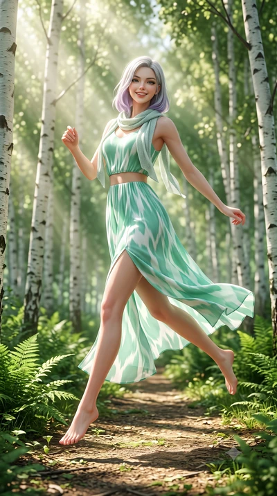score_9, masterpiece, best quality, ultra-detailed, high-budget anime keyframe, semi-realistic 3D game render, editorial fashion photography, tasteful artistic composition, Caucasian woman. low angle full-body shot from head to toe showing her feet, 