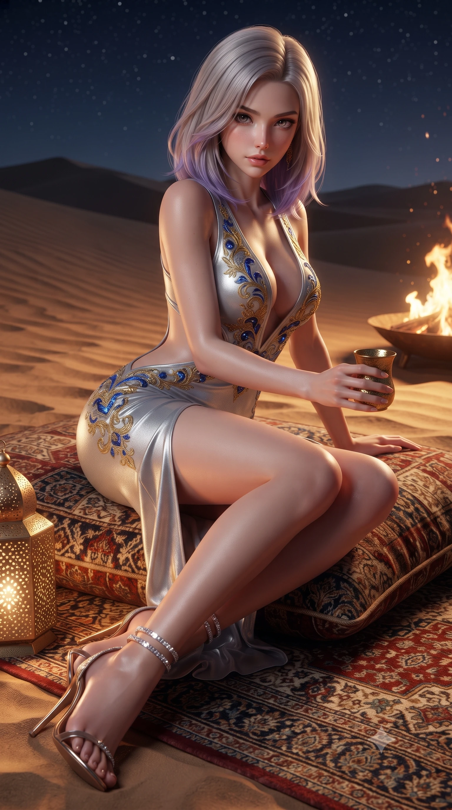 score_9, masterpiece, best quality, ultra-detailed, high-budget anime keyframe, editorial fashion photography, tasteful artistic composition, Caucasian woman. close-up cowboy shot from the waist and thighs up, the character dominates the composition, filling the frame with her large presence. leaning forward while arching her lower back to accentuate her curvy hips, looking into the camera with an intoxicating smoldering gaze and bedroom-eyes while sitting gracefully on the luxurious floor cushions with legs crossed, holding a brass tea glass with captivating, parted-lip charm. The surrounding environment is rendered in vivid detail and crisp panoramic clarity: sharp wind-rippled sand dune crests, hand-knotted Persian carpet pile, and hammered brass lantern perforations in deep focus. She has an exceptionally elegant, slender, and willowy female figure with an ultra-slim waist, flat toned midriff, narrow ribcage, and sculpted feminine hips creating an alluring, slim hourglass silhouette without bulk. sharp v-shaped jawline, high-bridge nose, intricate jewel-like sparkling eyes with depth, thick eyelashes, glossy parted lips with a natural peach sheen, bright cheerful beaming smile with an enchanting and coquettish sensual glint, exuding both youthful cute charm and seductive allure, flawlessly proportioned anatomical accuracy, strict slender model proportions, natural body alignment, perfectly sculpted long slender limbs, ultra-slim waistline, clean dynamic posture without body distortion. wearing a liquid silver jersey plunge-neck bodycon dress with daring side cutouts tracing her dewy waist and hips in Burj Arabian royal sapphire blue and molten gold, tailored from ultra-plush silk velvet with rich tactile depth and deep shadow gradients, complemented by strappy stiletto sandals with crystal ankle wraps accentuating her slender calves, the second-skin tailored fabric adhering flawlessly to her sculpted flat midriff and slender torso, emphasizing her long leg lines and perfectly proportioned willowy build. bathed in the dramatic warm 2200K glow of dancing fire pits contrasted with cool desert starlight. ultra-reflective glossy finish, specular highlights, rich textural contrasts, high-contrast stereoscopic depth, volumetric dynamic lighting, 2k, ultra detail, master piece, 9:16 ratio