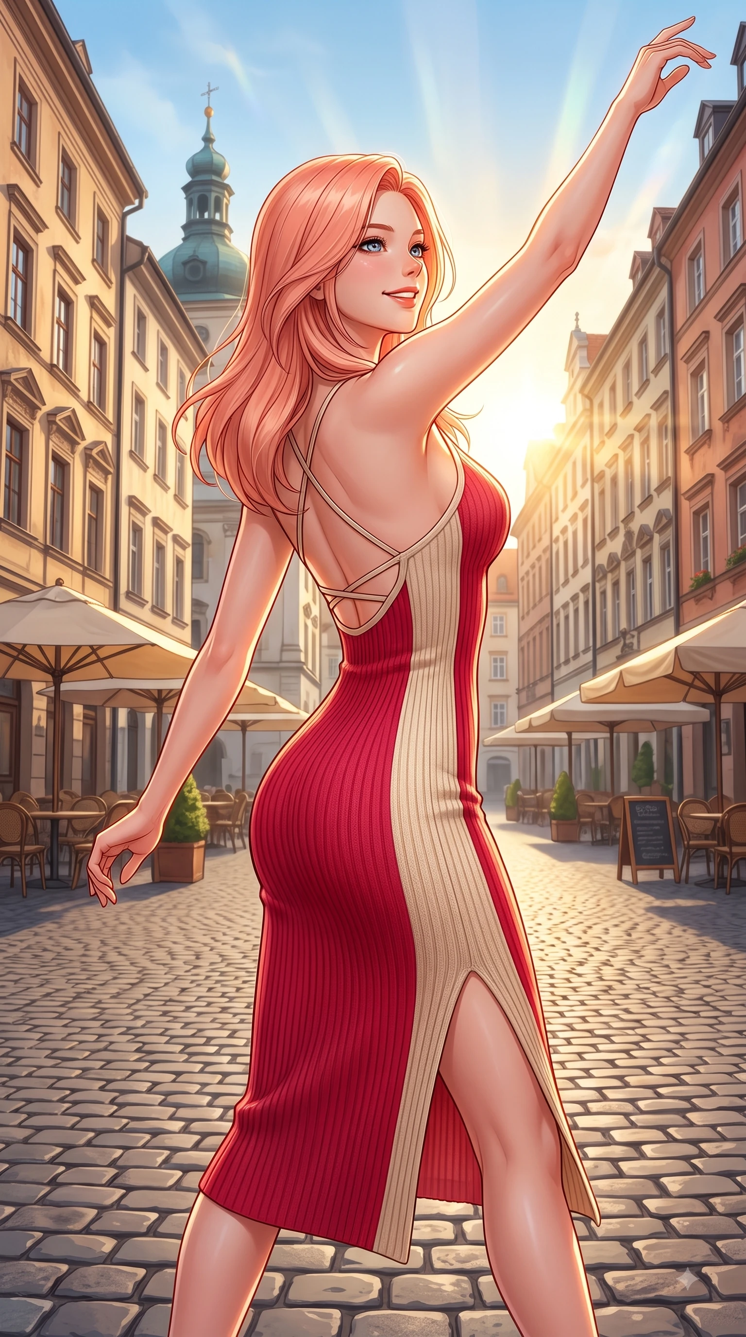 score_9, masterpiece, best quality, ultra-detailed, high-budget anime keyframe, editorial fashion photography, tasteful artistic composition, Japanese woman. close-up cowboy shot from the waist and thighs up, the character dominates the composition, filling the frame with her large presence. Extending one arm in an elegant stretch toward the light while smiling with vibrant, youthful self-assurance while stepping along a historic paved square surrounded by vintage cafe umbrellas. The surrounding environment is rendered in vivid detail and crisp panoramic clarity. rich golden sunlight streaming between European buildings rendered with environmental precision. She has an exceptionally elegant, slender, and willowy female figure with an ultra-slim waist, a gracefully sculpted slender torso, and a refined silhouette. sharp v-shaped jawline, high-bridge nose, intricate jewel-like eyes with depth, thick eyelashes, glossy lips with a natural sheen, flawlessly proportioned anatomical accuracy, natural body alignment, perfectly sculpted elegant limbs, clean dynamic posture without body distortion. wearing a form-fitting ribbed knit midi dress with a tasteful side leg slit in vivid crimson red and champagne cream, knitted from soft cozy cashmere yarn, finished with delicate criss-cross back straps highlighting her bare shoulders, the sleek second-skin texture accentuating her magnetic presence. illuminated by clear sky refractions and vibrant specular highlights. highly saturated vibrant anime colors, detailed shading with soft gradients, rich glossy textures, high-contrast stereoscopic depth, volumetric dynamic lighting, master piece, 9:16 ratio