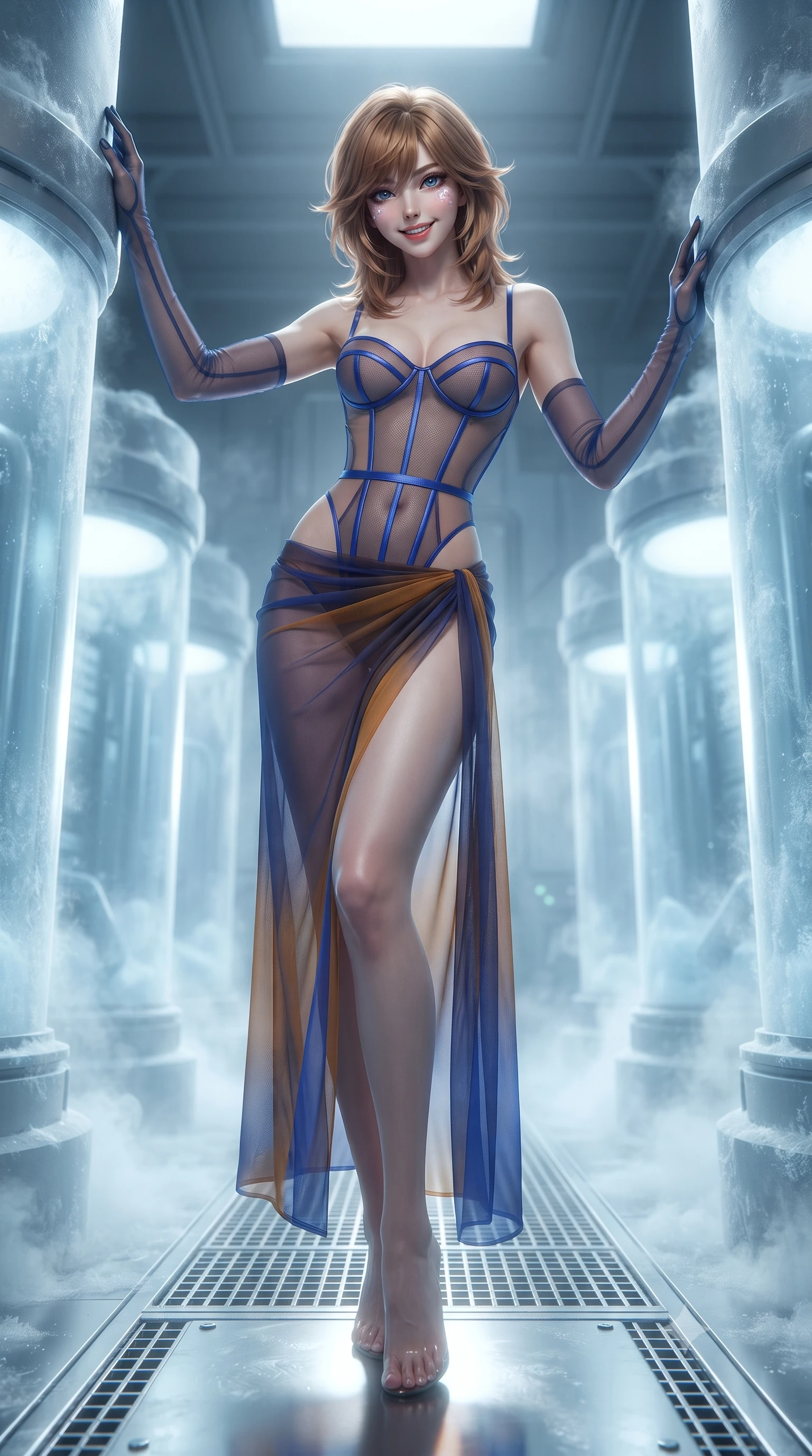 score_9, masterpiece, best quality, ultra-detailed, high-budget anime keyframe, editorial fashion photography, tasteful artistic composition, Korean woman. low angle full-body shot from head to toe showing her feet, filling the entire 9:16 vertical frame with her statuesque presence, stretching her vertical silhouette. standing tall beside the architectural column, one hand resting high while arching her lower back to emphasize her sculpted feminine hips and slender waist while standing poised on the frost-dusted stainless steel walkway between rows of glowing vertical cryo-stasis pods, arching her lower back with mysterious siren grace. The background shows a soft-focus dense cryogenic frost mist softened in secret sub-ice laboratory shallow focus. She has an exceptionally tall and slender model-like 8.5-heads proportion, an ultra-slim waist, a flat toned midriff, narrow delicate ribcage, and beautifully sculpted feminine hips creating a graceful, slim hourglass silhouette without any bulky heaviness, with impossibly long slender legs. sharp v-shaped jawline, high-bridge nose, intricate jewel-like sparkling eyes with depth, thick eyelashes, glossy parted lips with a natural peach sheen, bright cheerful beaming smile with an enchanting and coquettish sensual glint, exuding both youthful cute charm and seductive allure, flawlessly proportioned anatomical accuracy, strict slender model proportions, natural body alignment, perfectly sculpted long slender limbs, ultra-slim waistline, clean dynamic posture without body distortion. wearing a provocative translucent mesh corset bodice with boned satin channels paired with a sheer chiffon wrap maxi skirt in Jovian storm amber and electric cobalt, featuring strategic sheer-illusion tulle side panels framing her ribcage and hips, complemented by sheer opera-length evening gloves tracing her slender arms, the glove-like clinging cut tightly following the natural contour of her hips and long slender legs with youthful 8.5-heads elegance. illuminated by polished floor reflection bounce and sharp frost-cyan rim lights defining her razor-sharp jawline, narrow waist, and curvy hips. ultra-reflective glossy finish, specular highlights, rich textural contrasts, high-contrast stereoscopic depth, volumetric dynamic lighting, 2k, ultra detail, master piece, 9:16 ratio