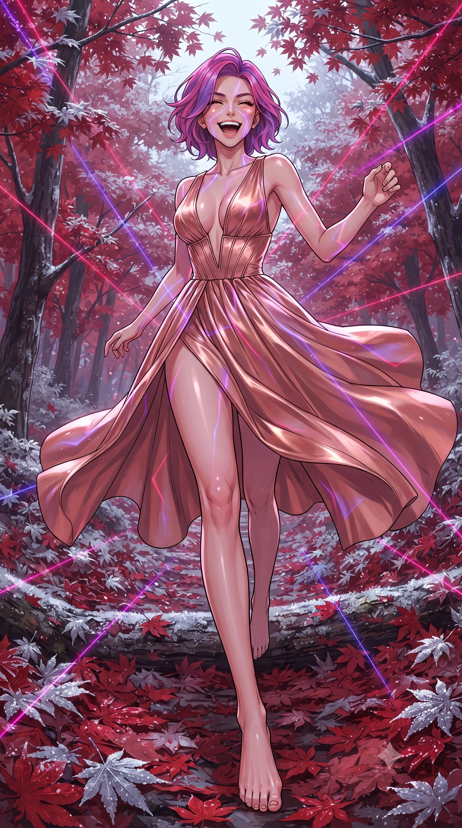 score_9, masterpiece, best quality, ultra-detailed, high-budget anime keyframe, editorial fashion photography, tasteful artistic composition, gorgeous anime illustration, with clean line-art, distinct ink outlines, and high-contrast stereoscopic depth, Caucasian woman, strictly human ears. low angle full-body shot from head to toe showing her feet, filling the entire 9:16 vertical frame with her statuesque presence, stretching her vertical silhouette. vaulting dynamically with an energetic laugh through walking through an autumn maple forest where every crimson leaf is covered in a sparkling layer of silver frost, creating a contrast of red and silver. She has a statuesque 8.5-heads proportion, an exceptionally tall, slender and willowy model-like build with impossibly long legs and a highly sculpted ultra-slim waist. sharp v-shaped jawline, high-bridge nose, intricate jewel-like eyes with depth, thick eyelashes, glossy lips with a natural sheen. wearing a floor-length gown in liquid rose gold, featuring an ultra-deep plunging V-neckline and a highly structured bodice. laser lines of violet and hot pink reflecting off surfaces casting geometric neon highlights. 2k, ultra detail, master piece, 9:16 ratio, highly saturated vibrant anime colors, detailed cel-shading with soft gradients, rich glossy textures, deep contrast, volumetric dynamic lighting, 2d animation style