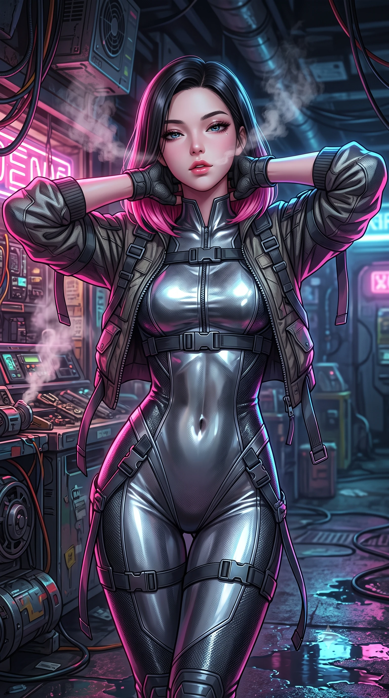 score_9, masterpiece, best quality, ultra-detailed, high-budget anime keyframe, semi-realistic 3D game render, editorial fashion photography, tasteful artistic composition, Korean woman. close-up cowboy shot from the waist and thighs up, the character dominates the composition, filling the frame with her large presence. resting both hands lightly behind her neck with elbows raised, arching her spine to highlight her narrow waist, flat midriff, and breathtaking collarbones while leaning against the illuminated cyberware merchant stall with hips cocked back, looking through rising steam plumes with dangerous bedroom-eyes. The surrounding environment is rendered in vivid detail and crisp panoramic clarity: detailed tactical jacket tailoring, vibrant anime shading, and gritty subterranean urban craft in razor-sharp precision. She has an exceptionally elegant, slender, and willowy female figure with an ultra-slim waist, flat toned midriff, narrow ribcage, and sculpted feminine hips creating an alluring, slim hourglass silhouette without bulk. sharp v-shaped jawline, high-bridge nose, intricate jewel-like sparkling eyes with depth, thick eyelashes, glossy parted lips with a natural peach sheen, bright cheerful beaming smile with an enchanting and coquettish sensual glint, exuding both youthful cute charm and seductive allure, flawlessly proportioned anatomical accuracy, strict slender model proportions, natural body alignment, perfectly sculpted long slender limbs, ultra-slim waistline, clean dynamic posture without body distortion. wearing a glove-like stretch carbon-fiber weave catsuit with metallic sheen outlining every millimeter of her statuesque 8.5-heads silhouette in liquid mercury chrome and stealth charcoal, woven from stretch metallic lurex jersey casting radiant starlight glints across her curves, finished with sleek magnetic buckle closures fluttering in the breeze, the glove-like clinging cut tightly following the natural contour of her hips and long slender legs with youthful 8.5-heads elegance. illuminated by puddle reflection bounce and sharp neon-pink rim lights sculpting her jawline, narrow waist, and curvy hips. highly saturated vibrant anime colors, detailed shading with soft gradients, rich glossy textures, high-contrast stereoscopic depth, volumetric dynamic lighting, master piece, 9:16 ratio