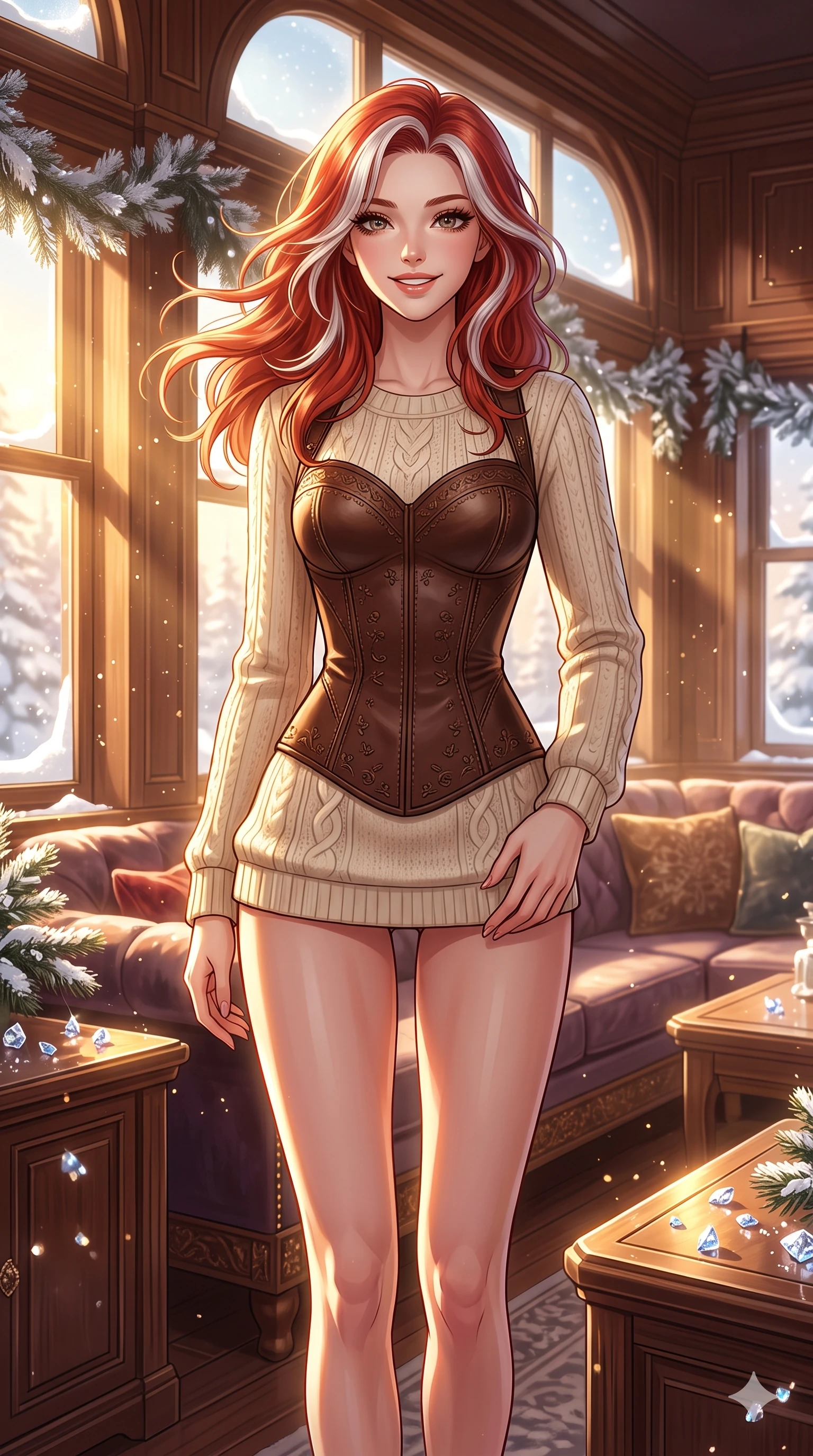 score_9, masterpiece, best quality, ultra-detailed, high-budget anime keyframe, vibrant anime aesthetic, Caucasian woman, strictly human ears. cowboy shot from the thighs up, character and outfit filling the frame for maximum presence. She is standing tall with a lively winter smile, her hair blowing gently in the breeze in snow inside a premium lounge with golden winter sunbeams (Code-P21-183). She has an absolutely perfect 8-heads proportion, an exceptionally tall and slender female figure with impossibly long slender legs and an ultra-slim waist. V-shaped jawline, high-bridge nose, intricate jewel-like eyes with depth, thick eyelashes, glossy lips with a natural sheen. wearing a leather structured bodice with sweetheart neckline with a sweetheart neckline in winter. She is illuminated by the bright, warm glow of the sun reflecting off the frosted pine needles. 2k, ultra detail, master piece, 9:16 ratio