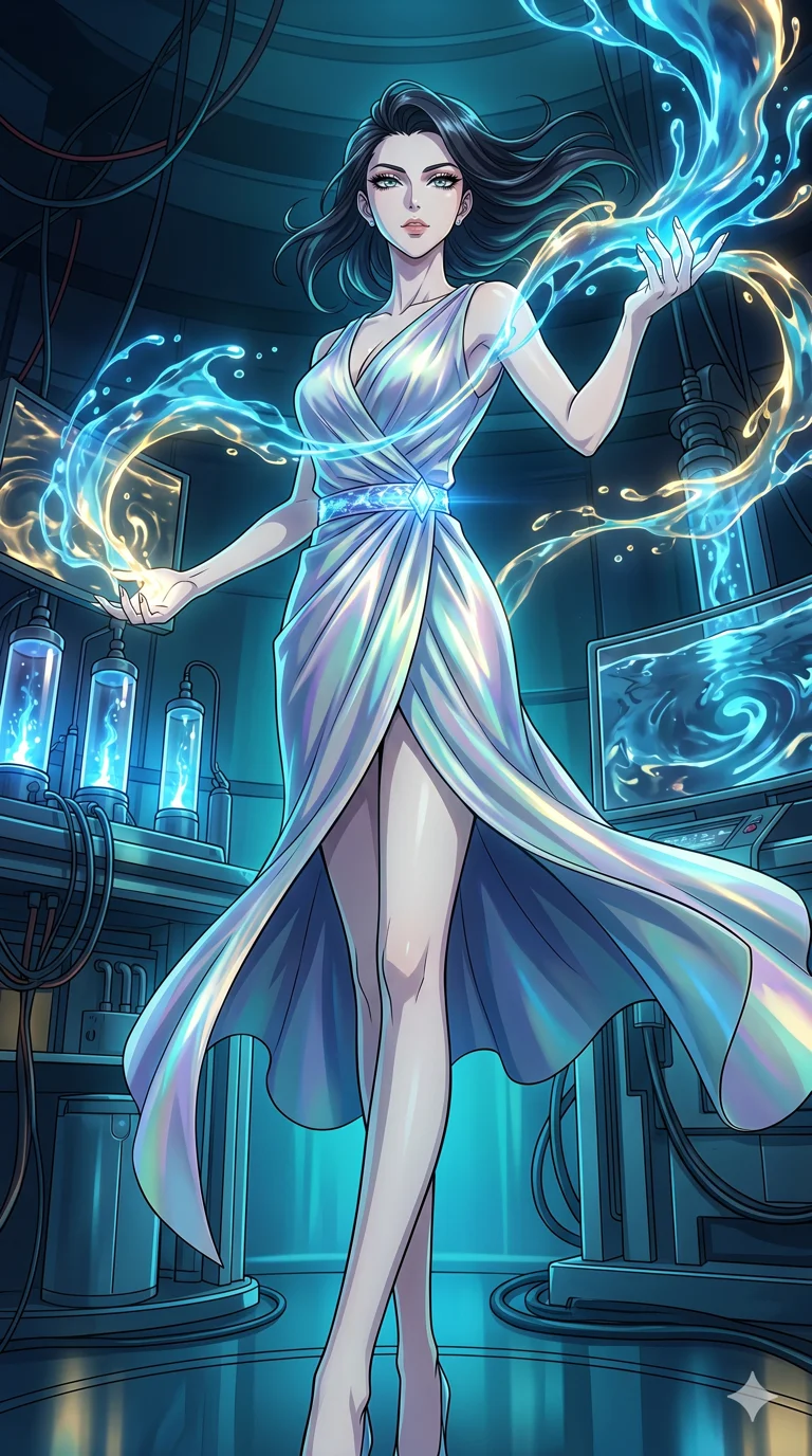 score_9, masterpiece, best quality, ultra-detailed, High-budget Anime Keyframe, vibrant colors, fluid line-art, expressive lighting, cinematic composition, Ufotable-style visual effects, top-tier animation quality, Caucasian woman with pale skin and refined features. Dynamic full-body shot stretching the vertical silhouette, capturing her from a powerful low-angle perspective. Orchestrating a symphony of liquid light that flows from her fingertips like ink in water. She has an absolutely perfect 8-heads proportion, an exceptionally tall and slender female figure with impossibly long slender legs and an ultra-slim waist, her statuesque height and towering silhouette dominating the vertical 9:16 frame. Her face is a masterpiece featuring a sharp v-shaped jawline, high-bridge nose, intricate jewel-like eyes with depth, thick eyelashes, and glossy lips with a natural sheen. She is wearing a Iridescent silk wrap-dress that flows like water, secured by a glowing crystalline belt. The scene is set in a futuristic vibration lab filled with glowing resonators and liquid displays. 2k, ultra detail, master piece, 9:16 ratio