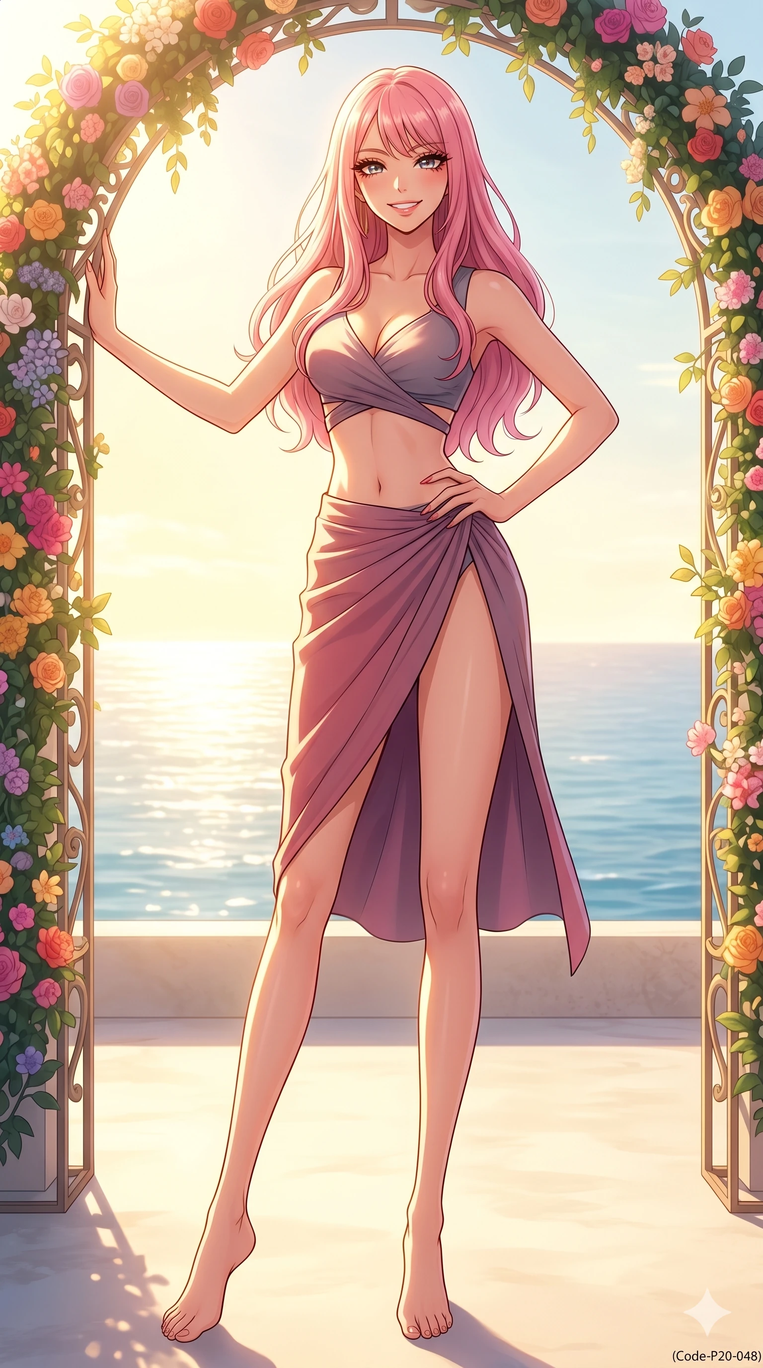 score_9, masterpiece, best quality, ultra-detailed, high-budget anime keyframe, vibrant anime aesthetic, Japanese woman. low angle full-body shot from head to toe showing her feet, filling the entire 9:16 vertical frame with her statuesque presence, stretching her vertical silhouette. She is posing with a radiant, confident smile, resting one hand on a flower arch inside a modern minimalist villa patio facing the ocean (Code-P20-048). She has an absolutely perfect 8-heads proportion, an exceptionally tall and slender female figure with impossibly long slender legs and an ultra-slim waist. V-shaped jawline, high-bridge nose, intricate jewel-like eyes with depth, thick eyelashes, glossy lips with a natural sheen. wearing a modern fusion top with an exposed waist and a high-slit wrap skirt. She is bathed in a luminous, warm sunshine highlighting her sleek silhouette and features. 2k, ultra detail, master piece, 9:16 ratio