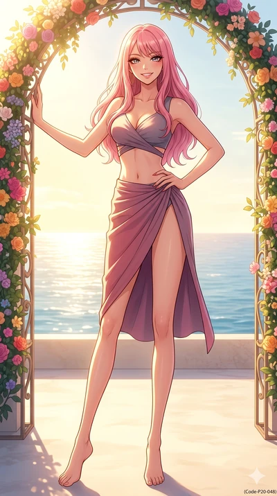 score_9, masterpiece, best quality, ultra-detailed, high-budget anime keyframe, vibrant anime aesthetic, Japanese woman. low angle full-body shot from head to toe showing her feet, filling the entire 9:16 vertical frame with her statuesque presence, 