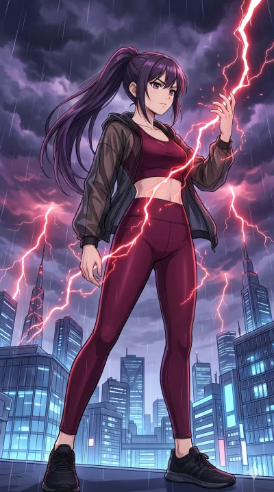 score_9, masterpiece, best quality, ultra-detailed, High-budget Anime Keyframe, beautiful Japanese anime girl. Low angle cowboy shot filling the entire 9:16 frame with her statuesque presence. Catching a bolt of red lightning in her bare hand, her bo