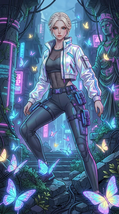 score_9, masterpiece, best quality, ultra-detailed, high-budget anime movie keyframe, cinematic anime lighting, intricate line art, Korean woman. Low angle cowboy shot filling the entire 9:16 frame with her statuesque presence. exploring lost ruins i