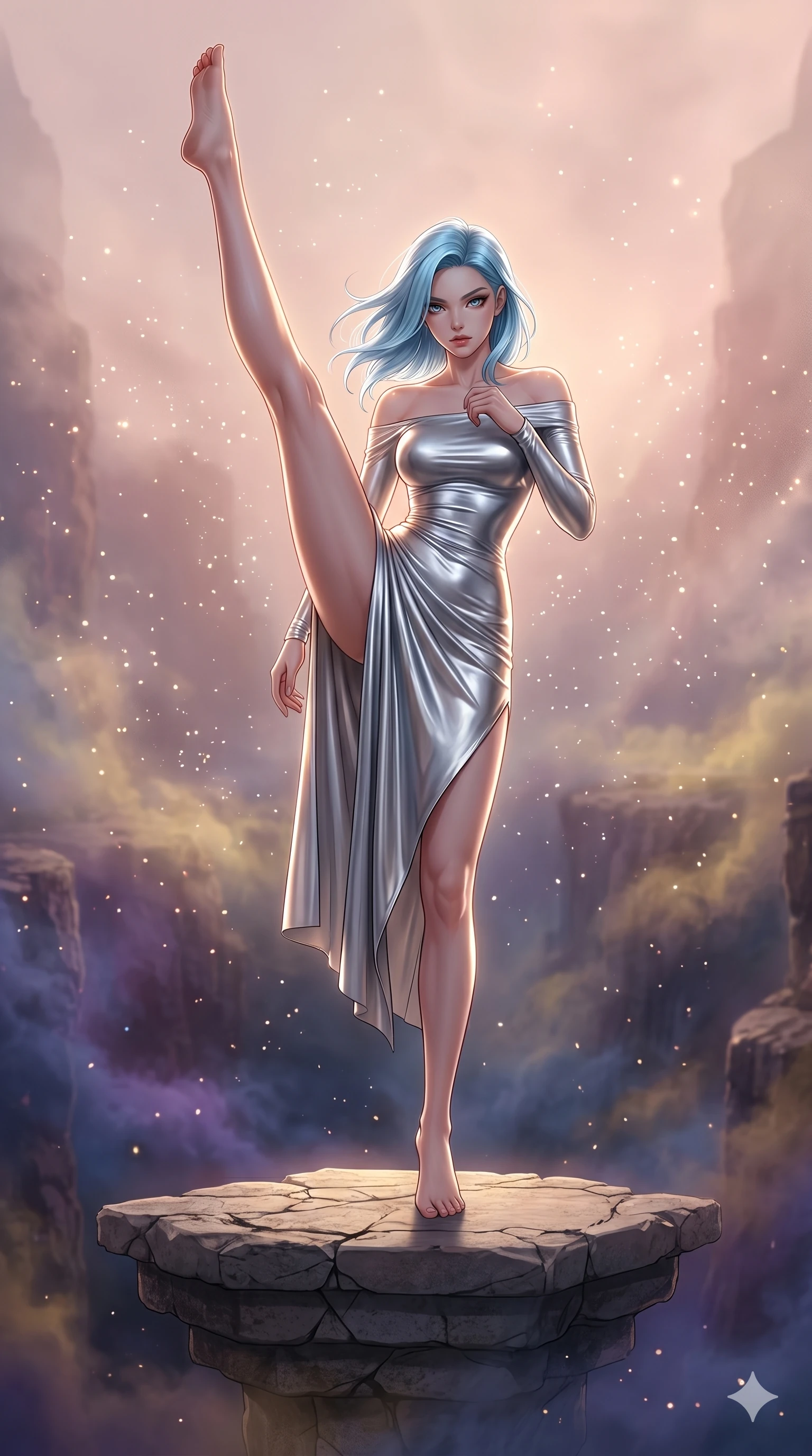 score_9, masterpiece, best quality, ultra-detailed, high-budget anime keyframe, editorial fashion photography, tasteful artistic composition, Korean woman. low angle full-body shot from head to toe showing her feet, filling the entire 9:16 vertical frame with her statuesque presence, stretching her vertical silhouette. Balancing on one leg with the other raised in a high kick position, demonstrating perfect control on a floating stone platform above a canyon filled with swirling purple mists, as thousands of micro-particles of light dance in the air. She has an absolutely perfect 8-heads proportion, an exceptionally tall and slender female figure with impossibly long slender legs and an ultra-slim waist. V-shaped jawline, high-bridge nose, intricate jewel-like eyes with depth, thick eyelashes, glossy lips with a natural sheen. wearing an asymmetric off-shoulder dress in liquid silver jersey with a body-contouring fit and high slit. bathed in soft rose-gold dawn light filtering through volumetric fog that wraps her silhouette. 2k, ultra detail, master piece, 9:16 ratio