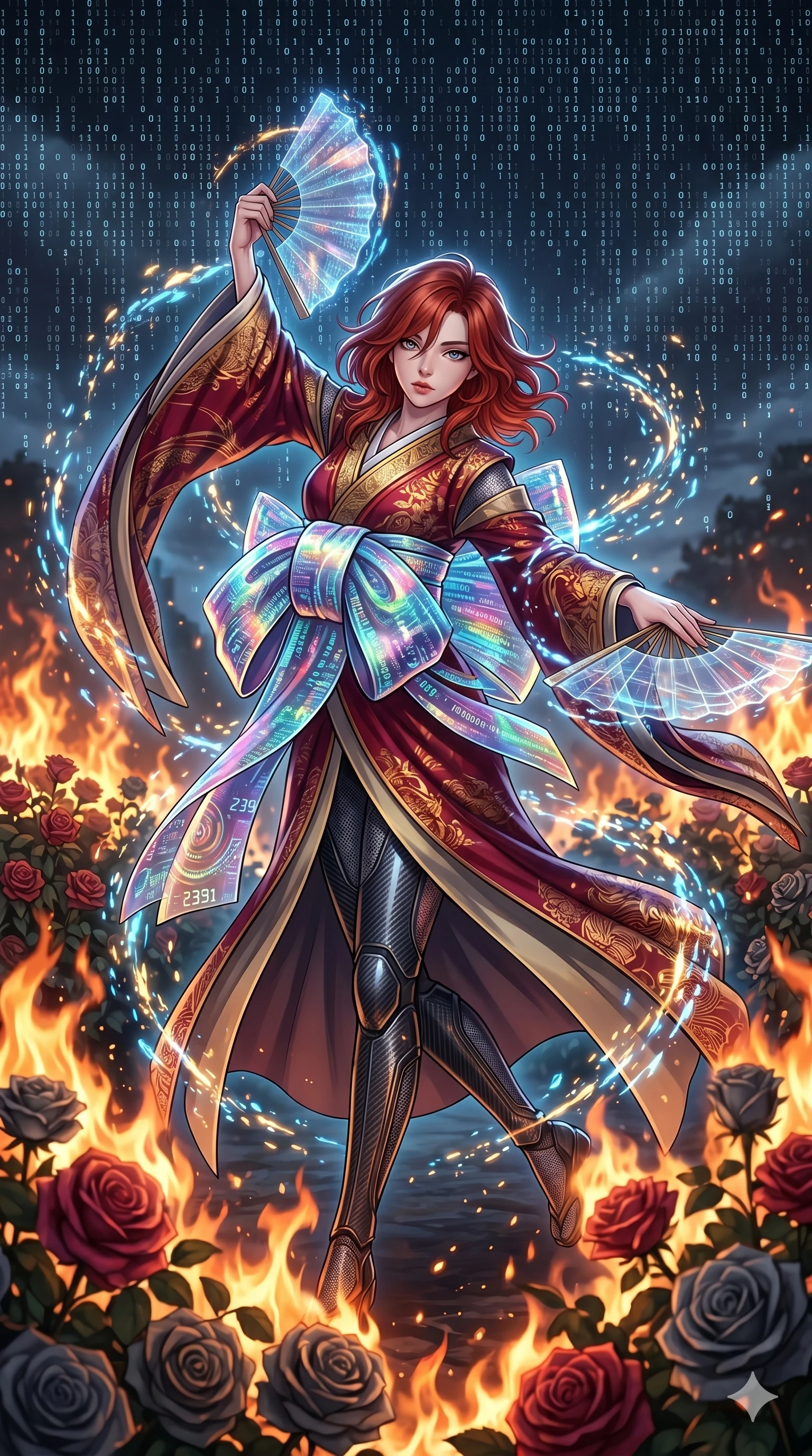 score_9, masterpiece, best quality, ultra-detailed, Set A: High-budget Anime Keyframe, Korean woman. Upper body close-up from the thighs up, character filling the screen for maximum presence. Dancing through a burning rose garden, while a digital blizzard of 239 bits obscures the horizon and surrounded by glowing energy sparks. She has an absolutely perfect 8-heads proportion, an exceptionally tall and slender female figure with impossibly long slender legs and an ultra-slim waist. Sharp v-shaped jawline, high-bridge nose, intricate jewel-like eyes with depth, thick eyelashes, glossy lips with a natural sheen. Wearing Tech-kimono with a wide holographic obi and side-slit carbon-fiber leg guards. Cinematic lighting, vibrant colors, dramatic shadows, 2k, ultra detail, master piece, 9:16 ratio