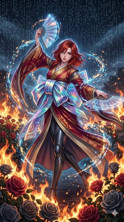 score_9, masterpiece, best quality, ultra-detailed, Set A: High-budget Anime Keyframe, Korean woman. Upper body close-up from the thighs up, character filling the screen for maximum presence. Dancing through a burning rose garden, while a digital bli