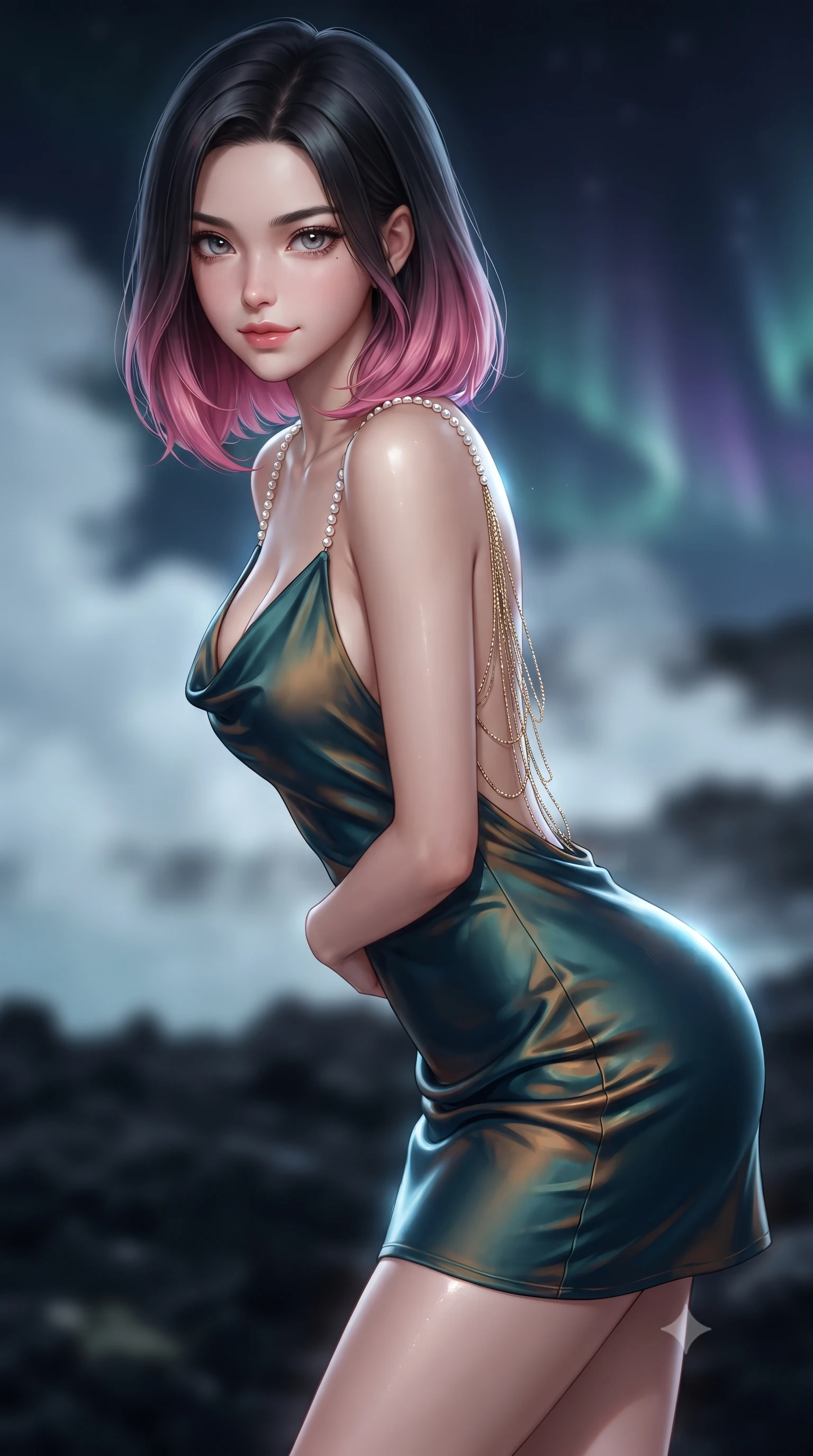 score_9, masterpiece, best quality, ultra-detailed, high-budget anime keyframe, editorial fashion photography, tasteful artistic composition, Korean woman. close-up cowboy shot from the waist and thighs up, the character dominates the composition, filling the frame with her large presence. leaning forward while arching her lower back to accentuate her curvy hips, looking into the camera with an intoxicating smoldering gaze and bedroom-eyes while twisting her slender torso in an alluring S-curve, glowing underwater volcanic heat lamps tracing her narrow waist, flat midriff, and hips. The background shows a soft-focus rising geothermal steam clouds, volcanic black lava fields, and dark arctic night sky blurred into milky turquoise, charcoal, and aurora-violet bokeh. She has an exceptionally elegant, slender, and willowy female figure with an ultra-slim waist, flat toned midriff, narrow ribcage, and sculpted feminine hips creating an alluring, slim hourglass silhouette without bulk. sharp v-shaped jawline, high-bridge nose, sparkling eyes with hypnotic seductive depth, thick curled eyelashes, glossy parted lips with a natural dewy peach sheen, alluring bedroom-eyes with an enchanting coquettish smile, exuding magnetic siren charisma and sophisticated glamour, flawlessly proportioned anatomical accuracy, strict slender model proportions, natural body alignment, perfectly sculpted long slender limbs, ultra-slim waistline, clean dynamic posture without body distortion. wearing a low-cut draped cowl-back satin slip mini dress with dainty pearl spaghetti straps in deep peacock teal and burnished antique brass, crafted from fluid liquid silk satin that clings smoothly to every curve with a dewy sheen, accented with an open-back drape framed by falling strands of delicate gold chains, the glove-like clinging cut tightly following the natural contour of her hips and long slender legs with youthful 8.5-heads elegance. illuminated by steam particle light scatter and sharp icy-platinum rim lights defining her razor-sharp jawline, narrow waist, and curvy hips. ultra-reflective glossy finish, specular highlights, rich textural contrasts, high-contrast stereoscopic depth, volumetric dynamic lighting, 2k, ultra detail, master piece, 9:16 ratio