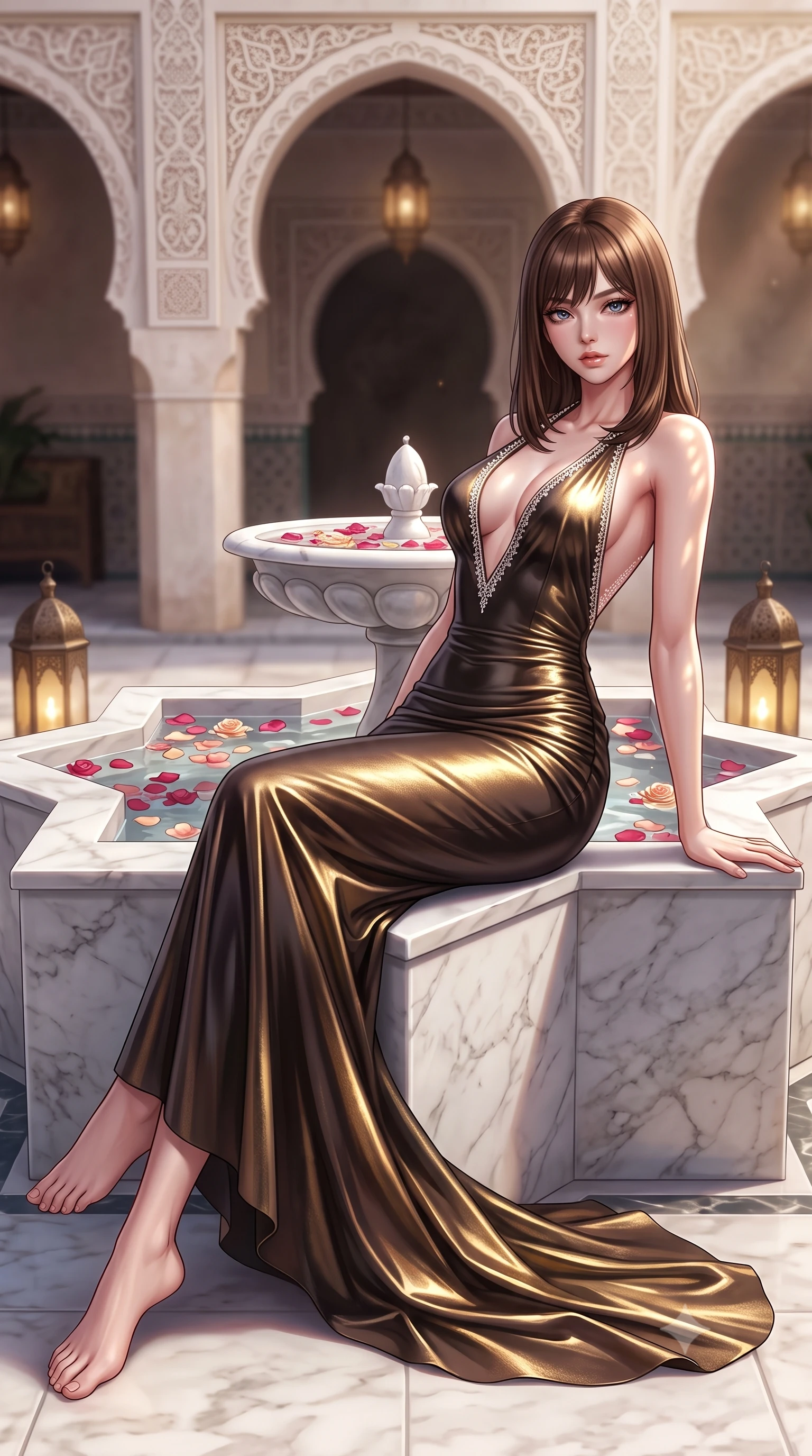 score_9, masterpiece, best quality, ultra-detailed, high-budget anime keyframe, semi-realistic 3D game render, editorial fashion photography, tasteful artistic composition, Korean woman. low angle full-body shot from head to toe showing her feet, filling the entire 9:16 vertical frame with her statuesque presence, stretching her vertical silhouette. reclining on her side in an elegant Cleopatra pose with one knee drawn up, the dramatic contour of her rounded hips and long slender legs commanding the 9:16 vertical frame while sitting on the edge of the central star-shaped marble fountain filled with floating rose petals, arching her lower back as dappled lantern light traces her curves. The composition keeps background elements in soft focus with creamy bokeh. horseshoe arches and carved plaster arabesques softened in exotic Moroccan shallow focus. She has an exceptionally tall and slender model-like 8.5-heads proportion, an ultra-slim waist, a flat toned midriff, narrow delicate ribcage, and beautifully sculpted feminine hips creating a graceful, slim hourglass silhouette without any bulky heaviness, with impossibly long slender legs. sharp v-shaped jawline, high-bridge nose, intricate jewel-like eyes with depth, thick eyelashes, glossy parted lips with a natural sheen, intensely captivating and seductive bedroom-eyes expression, flawlessly proportioned anatomical accuracy, strict slender model proportions, natural body alignment, perfectly sculpted long slender limbs, ultra-slim waistline, clean dynamic posture without body distortion. wearing a plunging halter-neck metallic lamé column dress with a dramatic bare spine and hip-defining ruching in dark espresso brown and molten gold foil, tailored from ultra-smooth duchess satin with a pearlescent sheen, finished with delicate crystal frost embroidery tracing the plunging neckline, the form-contouring material adhering flawlessly to her sculpted flat midriff and slender torso, emphasizing her long leg lines and perfectly proportioned willowy build. illuminated by soft ambient courtyard lanterns accentuating her sculpted collarbones, narrow waist, and curvy hips. highly saturated vibrant anime colors, detailed shading with soft gradients, rich glossy textures, high-contrast stereoscopic depth, volumetric dynamic lighting, master piece, 9:16 ratio