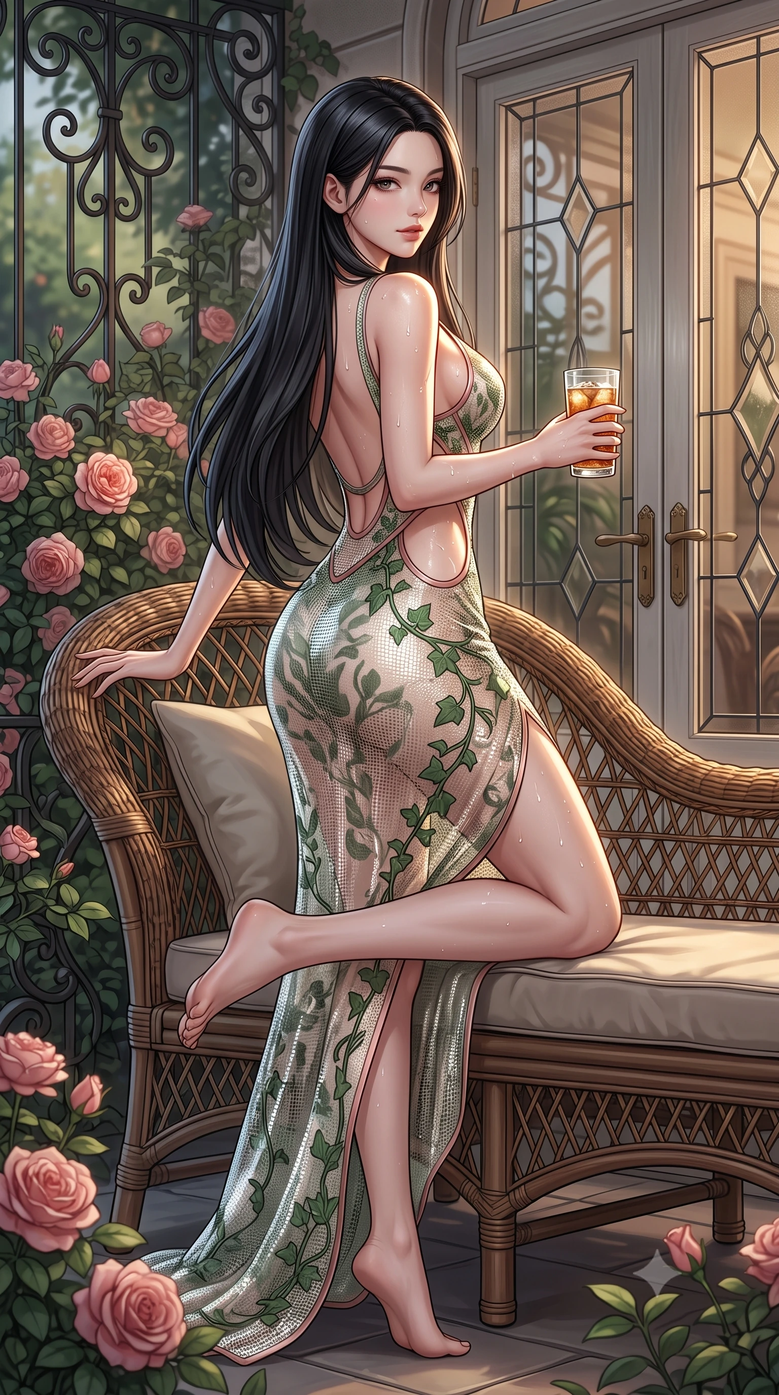 score_9, masterpiece, best quality, ultra-detailed, high-budget anime keyframe, semi-realistic 3D game render, editorial fashion photography, tasteful artistic composition, Korean woman. low angle full-body shot from head to toe showing her feet, filling the entire 9:16 vertical frame with her statuesque presence, stretching her vertical silhouette. executing a slow, graceful pivot turn as her skirt sways around her slender legs, glancing back with an enchanting, teasing sensual expression while lounging gracefully on a vintage wicker chaise lounge with legs crossed, holding a glass of iced tea with an intoxicating, smoldering gaze. The surrounding environment is rendered in vivid detail and crisp panoramic clarity: sharp wrought-iron scrollwork details, blooming David Austin rose petal textures, and leaded glass door frames in deep focus. She has an absolutely perfect, statuesque 8.5-heads proportion, an exceptionally tall and slender model-like female figure with impossibly long slender legs, an ultra-slim waist, a flat toned midriff, narrow delicate ribcage, and beautifully sculpted feminine hips creating a graceful, slim hourglass silhouette without any bulky heaviness. sharp v-shaped jawline, high-bridge nose, sparkling eyes with hypnotic seductive depth, thick curled eyelashes, glossy parted lips with a natural dewy peach sheen, alluring bedroom-eyes with an enchanting coquettish smile, exuding magnetic siren charisma and sophisticated glamour, flawlessly proportioned anatomical accuracy, strict slender model proportions, natural body alignment, perfectly sculpted long slender limbs, ultra-slim waistline, clean dynamic posture without body distortion. wearing a provocative sheer illusion mesh botanical dress with embroidered climbing ivy ribbons contouring her curves in botanical sage green and pure pearlescent ivory with rose trims, crafted from shimmering fluid chainmail mesh reflecting ambient casino lights, complemented by glistening drops of moisture beading across her sculpted shoulders and flat midriff, the precision-cut side openings and low-back scoop framing her graceful spine and the sensual sweep of her slim, toned hips. illuminated by glass door reflections and sharp warm-gold rim lights sculpting her delicate clavicles, ultra-slim waist, and curvy hips. highly saturated vibrant anime colors, detailed shading with soft gradients, rich glossy textures, high-contrast stereoscopic depth, volumetric dynamic lighting, master piece, 9:16 ratio