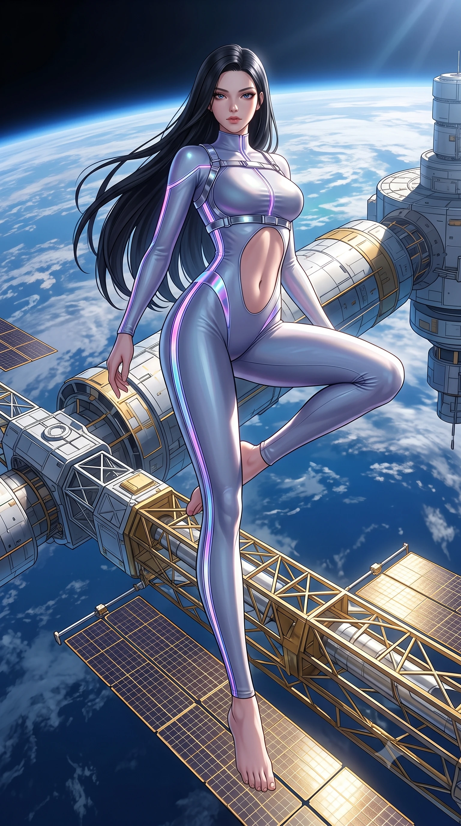 score_9, masterpiece, best quality, ultra-detailed, high-budget anime keyframe, semi-realistic 3D game render, editorial fashion photography, tasteful artistic composition, Korean woman. low angle full-body shot from head to toe showing her feet, filling the entire 9:16 vertical frame with her statuesque presence, stretching her vertical silhouette. performing an alluring mid-air vault with flawless poise, looking directly into the camera with regal, divine intensity while standing poised on the gold and chrome solar array truss of a massive orbital space station overlooking planet Earth. The surrounding environment is rendered in vivid detail and crisp panoramic clarity. dramatic orbital chiaroscuro and grand space-age engineering rendered in panoramic precision. She has an absolutely perfect, statuesque 8.5-heads proportion, an exceptionally tall and slender model-like female figure with impossibly long slender legs, a toned flat midriff, and an ultra-slim waist. sharp v-shaped jawline, high-bridge nose, intricate jewel-like eyes with depth, thick eyelashes, glossy lips with a natural sheen, flawlessly proportioned anatomical accuracy, strict slender model proportions, natural body alignment, perfectly sculpted long slender limbs, ultra-slim waistline, clean dynamic posture without body distortion. wearing an ultra-sleek aerodynamic tech-jumpsuit sculpted tightly to her figure, accented with glowing fiber-optic spine lines in iridescent holographic chrome with prism violet highlights, made of liquid jersey fabric that clings flawlessly to every contour of her build, reinforced by a sleek metallic chrome harness and delicate glowing micro-straps, the precision-cut daring openings accentuating her delicate midriff, graceful bare collarbones, and ultra-slim feminine waistline. bathed in dazzling high-noon orbital sunlight and rich blue planetary ambient bounce light. rich saturated anime colors with glowing neon highlights, detailed shading with soft gradients, rich glossy textures, high-contrast stereoscopic depth, volumetric dynamic lighting, master piece, 9:16 ratio