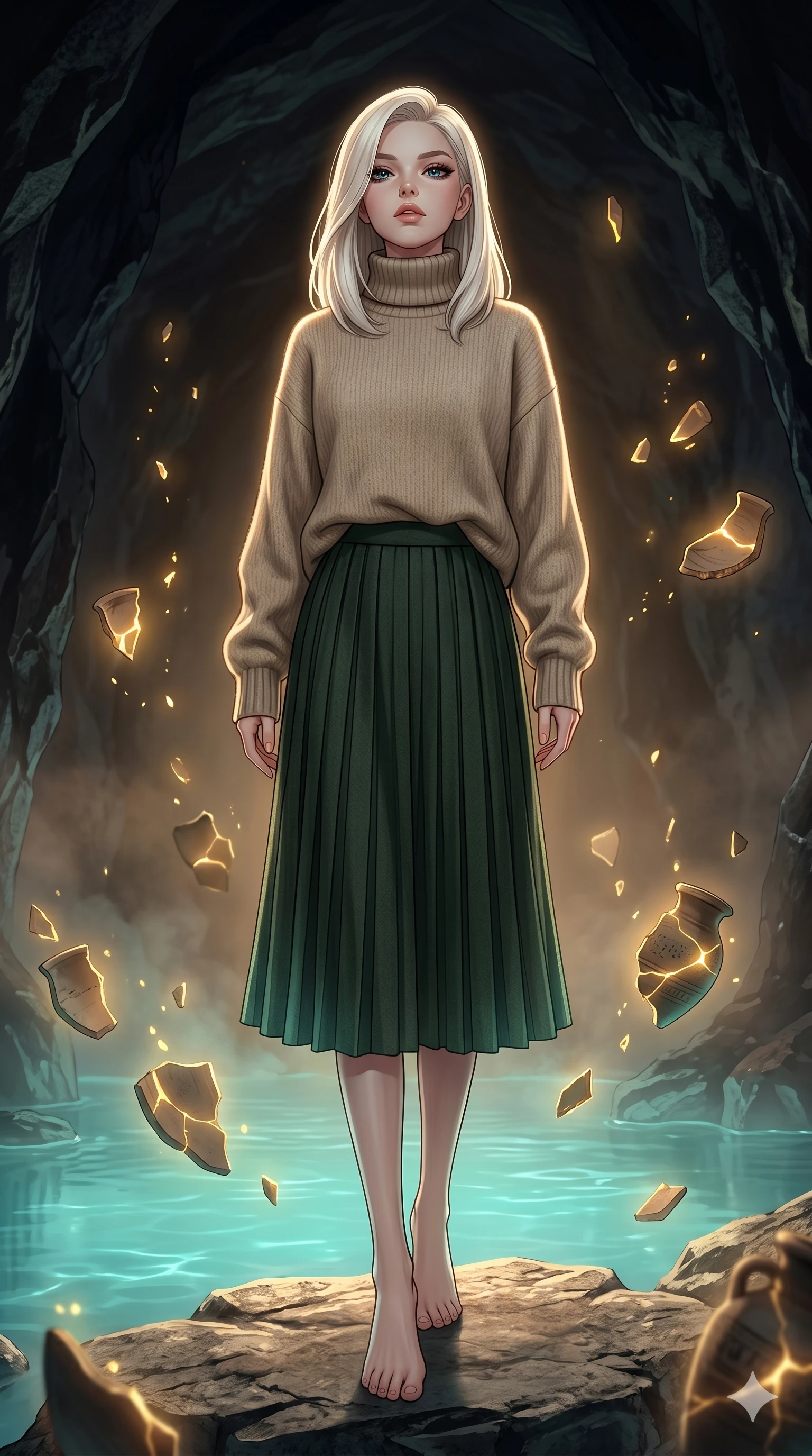 score_9, masterpiece, best quality, ultra-detailed, high-budget anime keyframe, editorial fashion photography, tasteful artistic composition, Caucasian woman, strictly human ears. low angle full-body shot from head to toe showing her feet, filling the entire 9:16 vertical frame with her statuesque presence, stretching her vertical silhouette. tilting her chin up slightly with lips parted in a composed, self-assured expression by a tranquil pool of glowing turquoise thermal water inside an obsidian cave (Code-P18-004). She has an absolutely perfect 8-heads proportion, an exceptionally tall and slender female figure with impossibly long slender legs and an ultra-slim waist. V-shaped jawline, high-bridge nose, intricate jewel-like eyes with depth, thick eyelashes, glossy lips with a natural sheen. wearing a cozy oversized turtleneck sweater paired with a pleated wool midi skirt. glowing with gold ethereal light radiating from the cracks of the floating pottery shards. 2k, ultra detail, master piece, 9:16 ratio