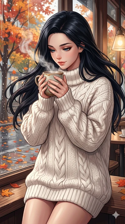 score_9, score_8_up, score_7_up, source_anime, masterpiece, best quality, ultra-detailed, same character with long flowing black hair, wearing a white oversized sweater, upper body close-up from thigh up filling the screen, cupping a warm mug of hot 