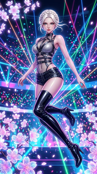 score_9, masterpiece, best quality, ultra-detailed, Set C: High-budget Anime Keyframe, Korean woman. Low angle cowboy shot filling the entire 9:16 frame with her statuesque presence. Leaping through a shower of holographic cherry blossoms on a futuri