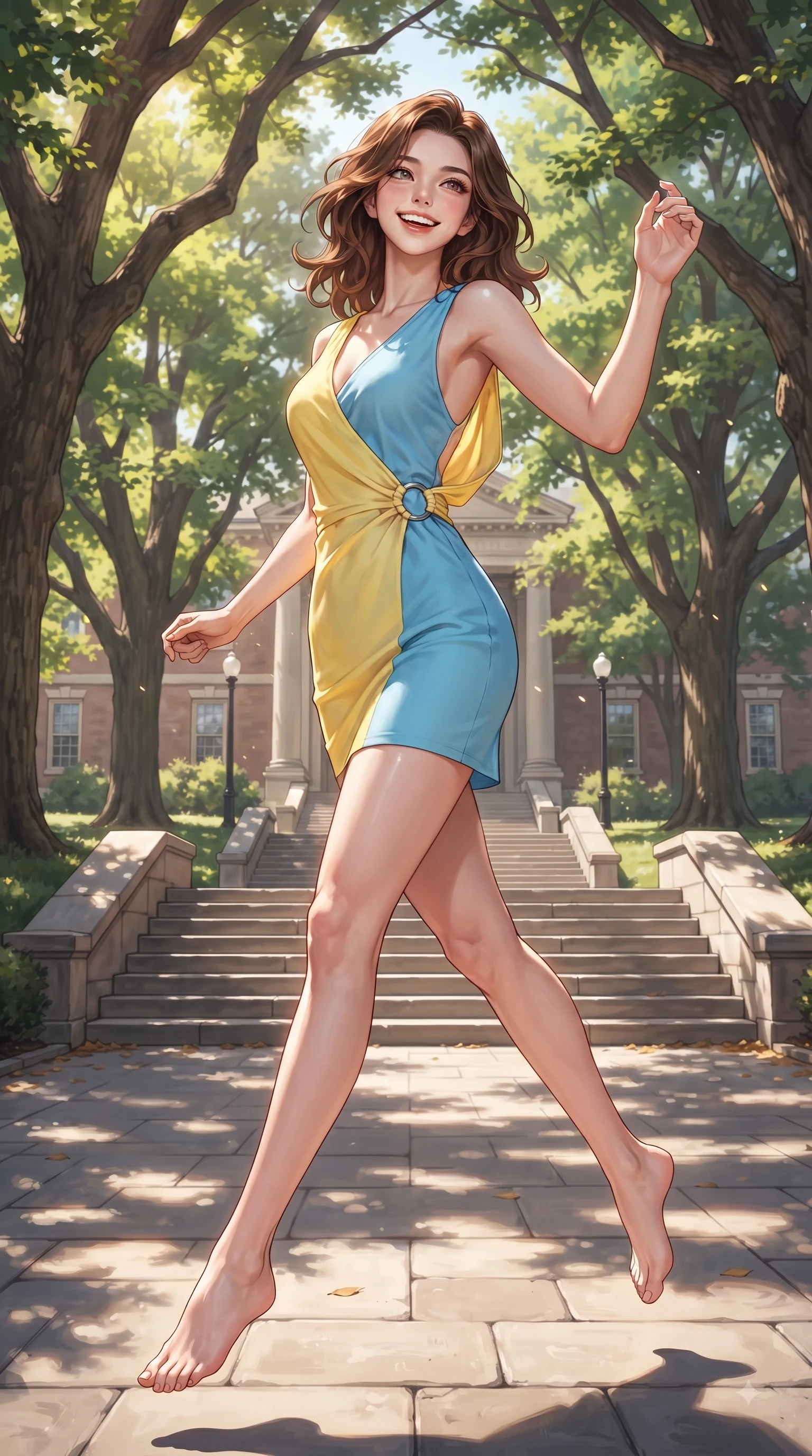 score_9, masterpiece, best quality, ultra-detailed, high-budget anime keyframe, editorial fashion photography, tasteful artistic composition, Korean woman. low angle full-body shot from head to toe showing her feet, filling the entire 9:16 vertical frame with her statuesque presence, stretching her vertical silhouette. leaping with pure youthful energy through the scene with a radiant bright smile, her long slender legs balanced gracefully while sitting gracefully on a sunlit wooden bench under a towering oak tree on campus. The surrounding environment is rendered in vivid detail and crisp panoramic clarity. bright spring sunbeams illuminating campus stone steps with clear environmental sharpness. She has an absolutely perfect, statuesque 8.5-heads proportion, an exceptionally tall and slender model-like female figure with impossibly long slender legs and an ultra-slim waist. sharp v-shaped jawline, high-bridge nose, intricate jewel-like eyes with depth, thick eyelashes, glossy lips with a natural sheen, flawlessly proportioned anatomical accuracy, natural body alignment, perfectly sculpted elegant limbs, clean dynamic posture without body distortion. wearing a precision-fitted bodycon dress with a graceful open draped back in sunny canary yellow and clear sky blue, crafted from lightweight fluid chiffon, accented with subtle metallic ring hardware framing her waist, the elegant draped fit framing her graceful clavicle and slender torso. bathed in brilliant sunny morning light filtering through tree canopies. ultra-reflective glossy finish, specular highlights, metallic sheen, high-contrast stereoscopic depth, volumetric dynamic lighting, 2k, ultra detail, master piece, 9:16 ratio