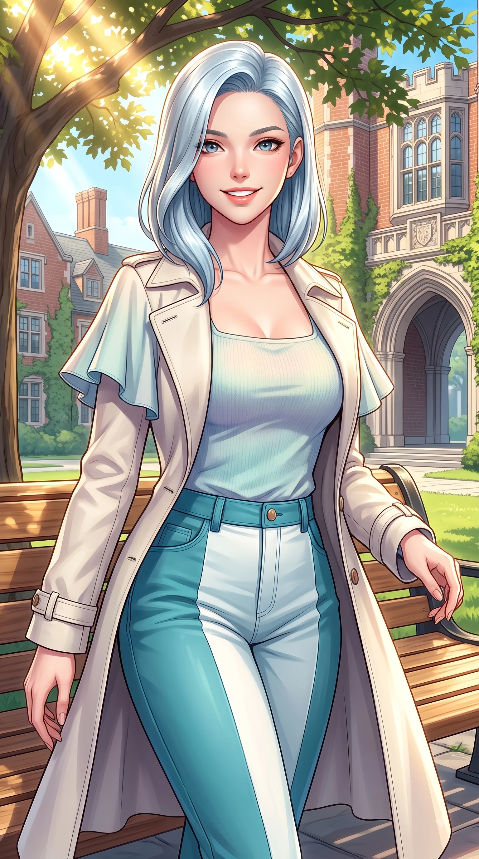 score_9, masterpiece, best quality, ultra-detailed, high-budget anime keyframe, editorial fashion photography, tasteful artistic composition, Korean woman. close-up cowboy shot from the waist and thighs up, the character dominates the composition, filling the frame with her large presence. Gazing directly into the camera with a fresh, infectious smile as her torso curves dynamically in mid-stride while sitting on a sunlit wooden bench under a shady maple tree on a bright morning campus. The surrounding environment is rendered in vivid detail and crisp panoramic clarity. classic red-brick campus architecture, ivy-covered stone walls, and grand archways in crisp detail. She has an exceptionally elegant, slender, and willowy female figure with an ultra-slim waist, a gracefully sculpted slender torso, and a refined silhouette. sharp v-shaped jawline, high-bridge nose, intricate jewel-like eyes with depth, thick eyelashes, glossy lips with a natural sheen, flawlessly proportioned anatomical accuracy, natural body alignment, perfectly sculpted elegant limbs, clean dynamic posture without body distortion. wearing a stylish pale ivory trench coat over a pastel knit top and high-waist tailored slacks in ocean turquoise and sea-salt white, made of comfortable premium stretch denim and soft jersey, featuring elegant flutter sleeves and a graceful square neckline, the relaxed yet flattering fit accentuating her naturally graceful and slender figure. illuminated by warm golden sunbursts and bright clear sky refractions. highly saturated vibrant anime colors, detailed shading with soft gradients, rich glossy textures, high-contrast stereoscopic depth, volumetric dynamic lighting, master piece, 9:16 ratio