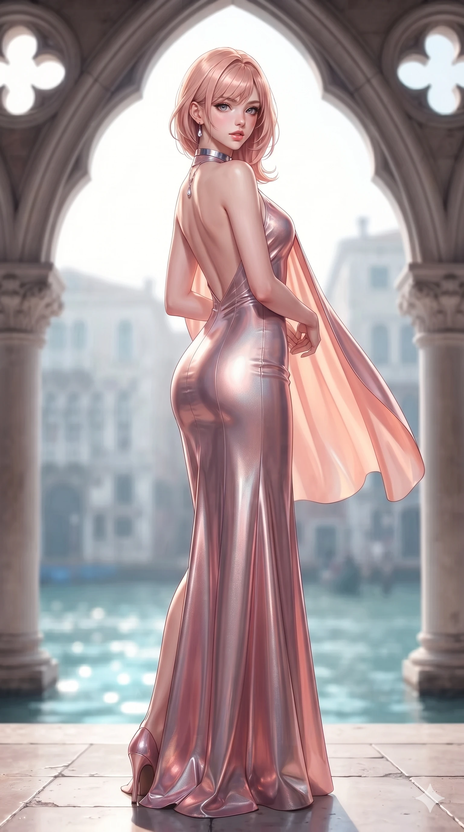 score_9, masterpiece, best quality, ultra-detailed, high-budget anime keyframe, semi-realistic 3D game render, editorial fashion photography, tasteful artistic composition, Japanese woman. low angle full-body shot from head to toe showing her feet, filling the entire 9:16 vertical frame with her statuesque presence, stretching her vertical silhouette. posing in a classic haute-couture S-curve stance beside the marble column, looking over a bare shoulder with magnetic presence while standing poised between towering Venetian Gothic tracery arches, twisting her slender torso in an alluring contrapposto stance above the water. The composition keeps background elements in soft focus with creamy bokeh: cool Venetian canal mist softened in historic palazzo terrace shallow focus. She has an exceptionally tall and slender model-like 8.5-heads proportion, an ultra-slim waist, a flat toned midriff, narrow delicate ribcage, and beautifully sculpted feminine hips creating a graceful, slim hourglass silhouette without any bulky heaviness, with impossibly long slender legs. sharp v-shaped jawline, high-bridge nose, intricate jewel-like eyes with depth, thick eyelashes, glossy parted lips with a natural sheen, intensely captivating and seductive bedroom-eyes expression, flawlessly proportioned anatomical accuracy, strict slender model proportions, natural body alignment, perfectly sculpted long slender limbs, ultra-slim waistline, clean dynamic posture without body distortion. wearing an elegant backless metallic lamé evening gown with a high jewel neckline and flowing silk capelet in prismatic rose-quartz and alien peach, tailored from high-gloss patent leather with mirror-like specular highlights, finished with a minimalist chrome choker and a single teardrop diamond pendant, the impeccably tailored cut draping gracefully along her slender figure with aristocratic poise. bathed in luminous morning canal light with soft cyan reflections bouncing off the water surface. highly saturated vibrant anime colors, detailed shading with soft gradients, rich glossy textures, high-contrast stereoscopic depth, volumetric dynamic lighting, master piece, 9:16 ratio