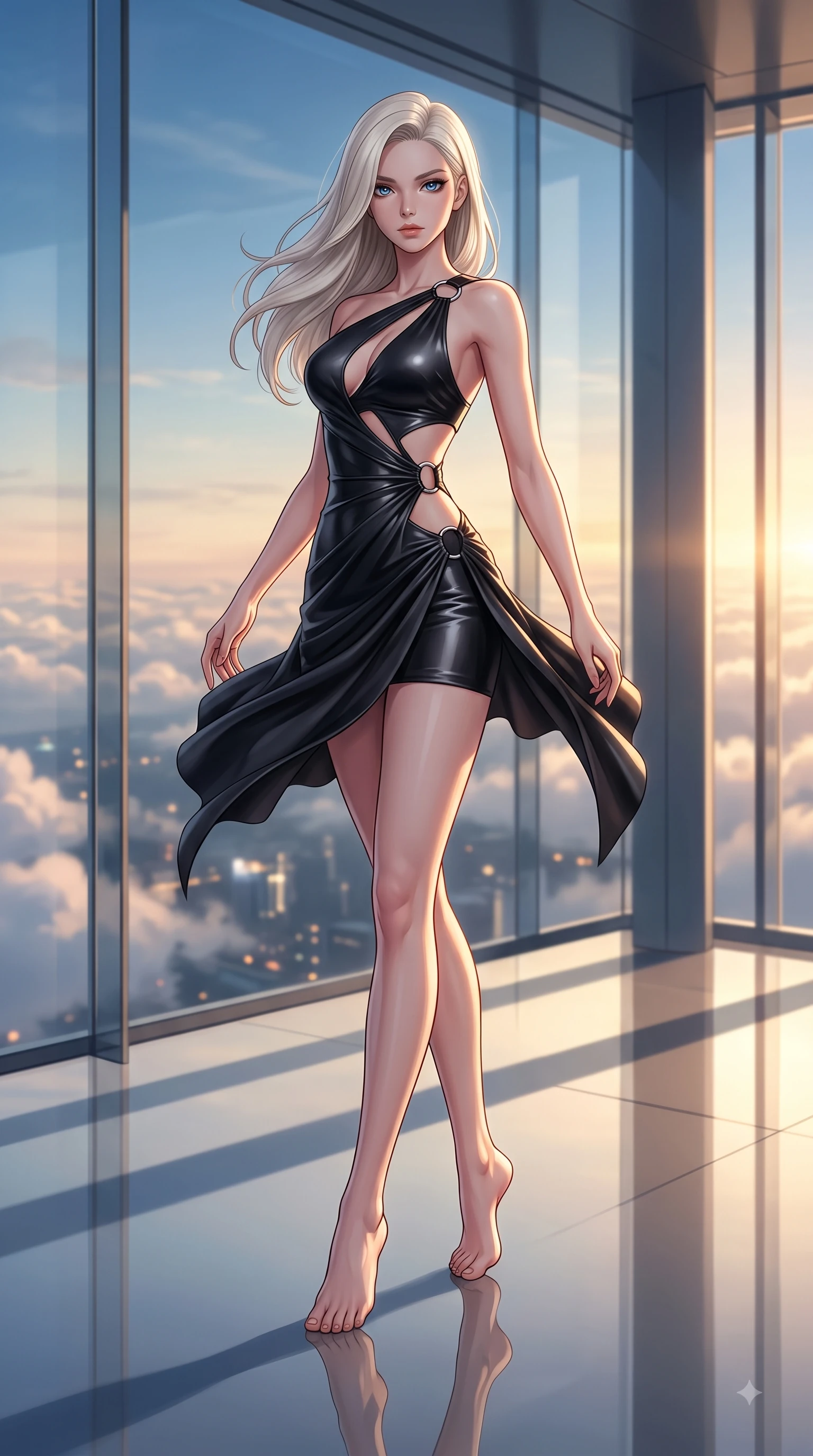 score_9, masterpiece, best quality, ultra-detailed, high-budget anime keyframe, editorial fashion photography, tasteful artistic composition, Caucasian woman woman. low angle full-body shot from head to toe showing her feet, filling the entire 9:16 vertical frame with her statuesque presence, stretching her vertical silhouette. She has an absolutely perfect, statuesque 8.5-heads proportion, an exceptionally tall and slender model-like female figure with impossibly long slender legs and an ultra-slim waist. mid-air spin above the reflective floor, maintaining an athletic and perfectly balanced poise, flawlessly proportioned anatomical accuracy, natural body alignment, perfectly sculpted elegant limbs, clean dynamic posture without body distortion. set against a soft-focus background of a glass-walled sky lounge overlooking sea clouds at golden hour. wearing an asymmetric cut-out mini dress in matte black latex with silver ring accents. bathed in golden sunset light casting long architectural frame shadows. highly saturated vibrant anime colors, detailed shading with soft gradients, rich glossy textures, high-contrast stereoscopic depth, volumetric dynamic lighting, master piece, 9:16 ratio