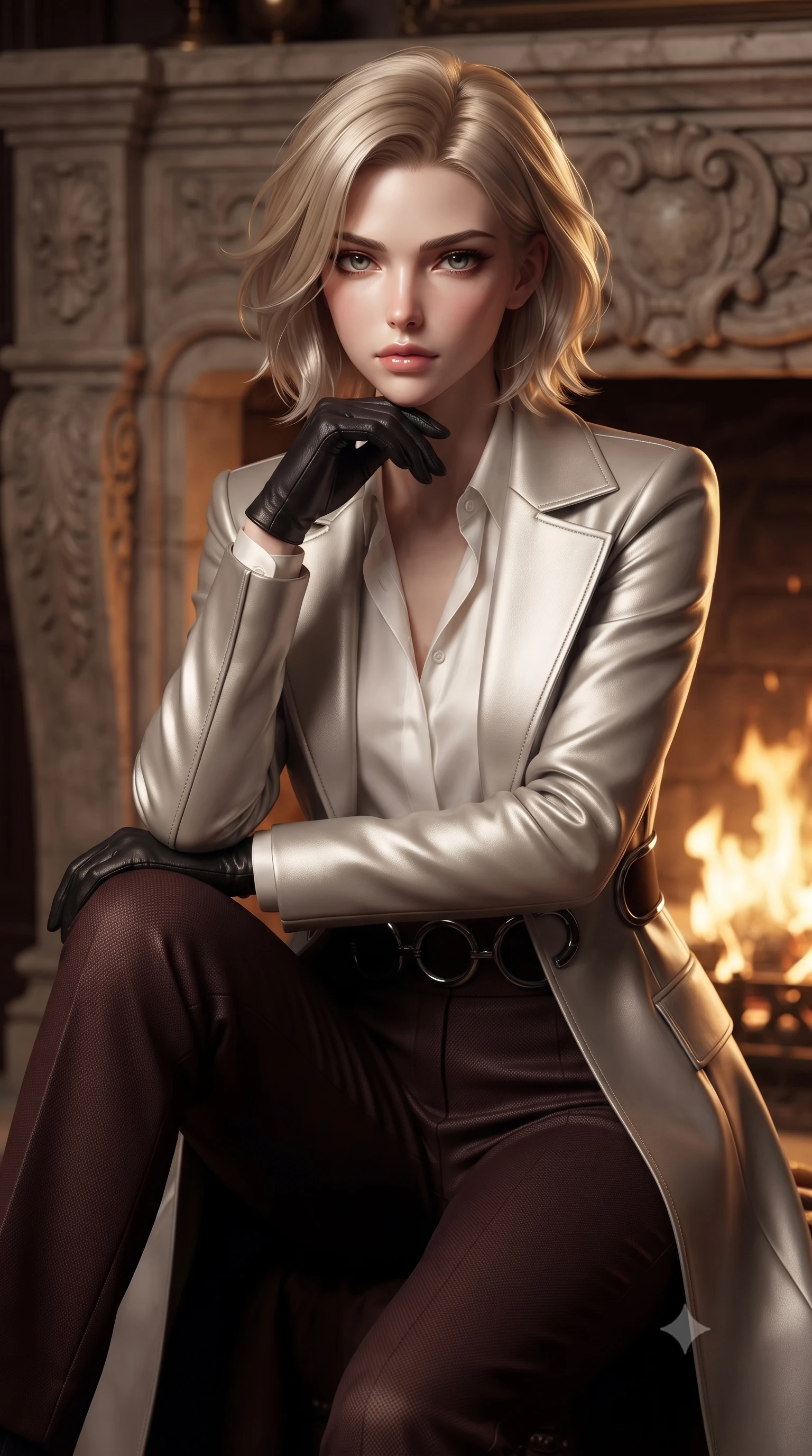 score_9, masterpiece, best quality, ultra-detailed, high-budget anime keyframe, editorial fashion photography, tasteful artistic composition, Caucasian woman. close-up cowboy shot from the waist and thighs up, the character dominates the composition, filling the frame with her large presence, background elements kept in soft focus. Resting her chin on the backs of her fingers with an air of effortless superiority, poised beside a carved stone hearth as warm golden firelight illuminates her face, cozy yet intensely sensual gothic atmosphere. She has an exceptionally elegant, slender, and willowy female figure with an ultra-slim waist, a gracefully sculpted slender torso, and a refined silhouette. sharp v-shaped jawline, high-bridge nose, intricate jewel-like eyes with depth, thick eyelashes, glossy lips with a natural sheen. wearing structured platinum leather long coat over white silk blouse and tailored slacks in dark mahogany, made of matte carbon-fiber weave, accented with sculpted obsidian chrome rings at the waist, following her slender form with tailored precision. surrounded by a warm golden glow with sharp edge highlights from firelight. ultra-reflective glossy finish, specular highlights, metallic sheen, high-contrast stereoscopic depth, volumetric dynamic lighting, 2k, ultra detail, master piece, 9:16 ratio