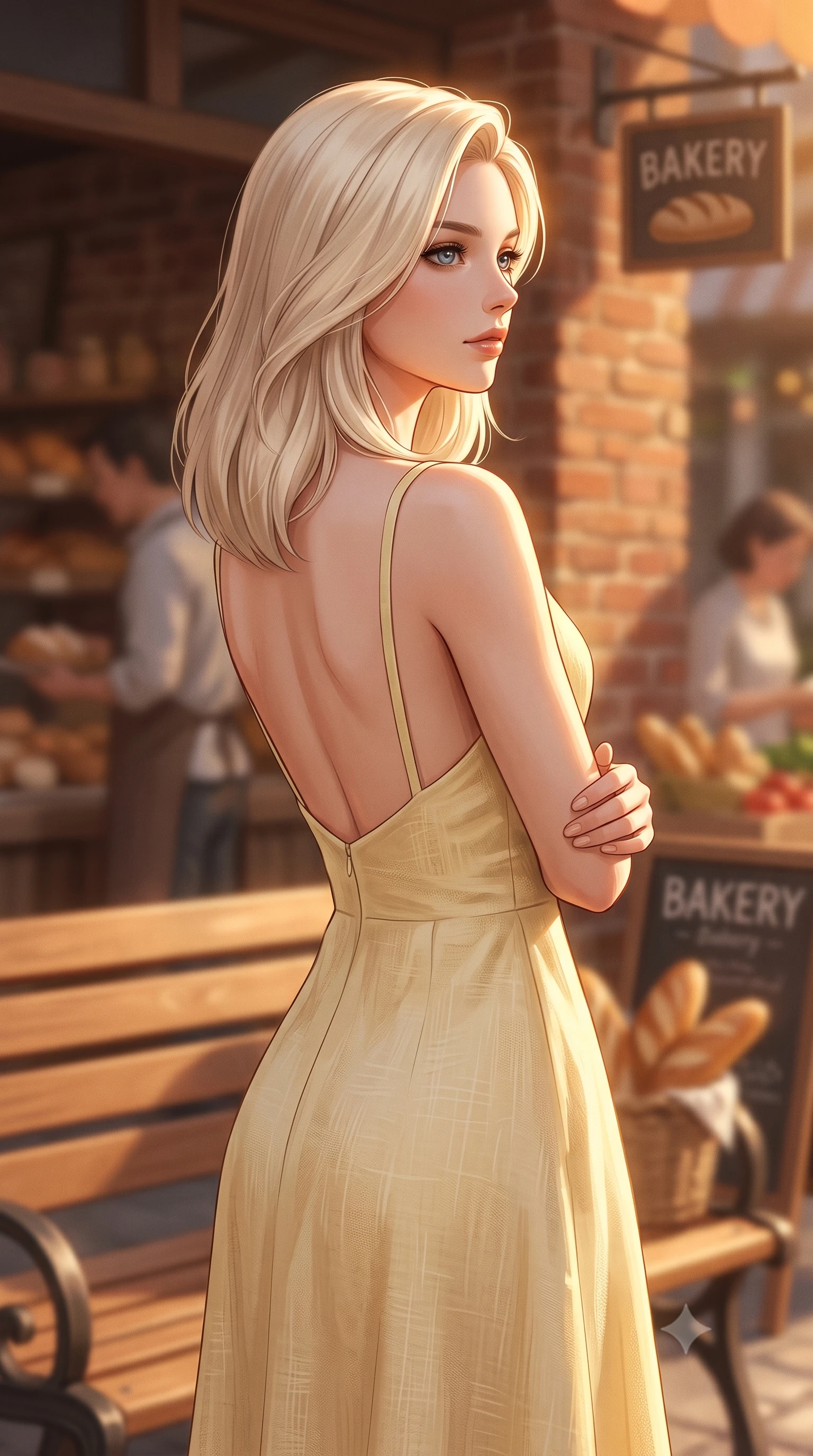 score_9, masterpiece, best quality, ultra-detailed, high-budget anime keyframe, editorial fashion photography, tasteful artistic composition, Caucasian woman woman. close-up cowboy shot from the waist and thighs up, the character dominates the composition, filling the frame with her large presence, background elements kept in soft focus. looking past the camera with a peaceful, thoughtful gaze, enjoying the warm sunlight the background shows a soft-focus a wooden bench outside a cozy bakery, with the scent of fresh bread in the soft focus air. She has an exceptionally elegant, slender, and willowy female figure with an ultra-slim waist, a gracefully sculpted slender torso, and a refined silhouette. sharp v-shaped jawline, high-bridge nose, intricate jewel-like eyes with depth, thick eyelashes, glossy lips with a natural sheen. wearing a tailored backless summer sundress in pale yellow linen, showing her elegant shoulder blades. warm morning sunbeams casting a cozy amber glow. 2k, ultra detail, master piece, 9:16 ratio