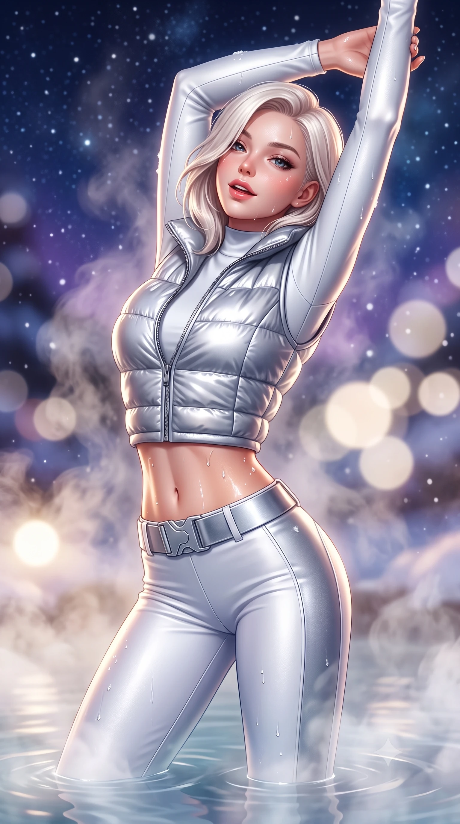 score_9, masterpiece, best quality, ultra-detailed, high-budget anime keyframe, semi-realistic 3D game render, editorial fashion photography, tasteful artistic composition, Caucasian woman. close-up cowboy shot from the waist and thighs up, the character dominates the composition, filling the frame with her large presence. arching her back languidly with arms stretching overhead, highlighting her narrow waist and feminine silhouette in pure supermodel elegance while wading through the steaming thermal mineral pool, arching her spine in pure pleasure as snowflakes melt on her glowing skin. The composition keeps background elements in soft focus with creamy bokeh. rising thermal steam swirls and starry alpine night skies blurred into deep sapphire, amethyst, and pearl-white bokeh. She has an exceptionally elegant, slender, and willowy female figure with an ultra-slim waist, a gracefully sculpted slender torso, toned flat midriff, and a refined slim silhouette. sharp v-shaped jawline, high-bridge nose, intricate jewel-like eyes with depth, thick eyelashes, glossy parted lips with a natural sheen, intensely captivating and seductive expression, flawlessly proportioned anatomical accuracy, strict slender model proportions, natural body alignment, perfectly sculpted long slender limbs, ultra-slim waistline, clean dynamic posture without body distortion. wearing a metallic silver quilted corset puffer vest worn over a snug thermal mock-neck top and sleek ski stirrup pants in pure glacier white and shimmering silver, tailored from ultra-sleek thermal stretch neoprene with satin sheen, accented with a wide metallic ski belt cinching her ultra-slim waistline, the form-contouring material adhering flawlessly to her sculpted flat midriff and slender torso, emphasizing her long leg lines and perfectly proportioned willowy build. illuminated by wet specular highlights accentuating her slender neckline, sculpted waist, and curves. highly saturated vibrant anime colors, detailed shading with soft gradients, rich glossy textures, high-contrast stereoscopic depth, volumetric dynamic lighting, master piece, 9:16 ratio