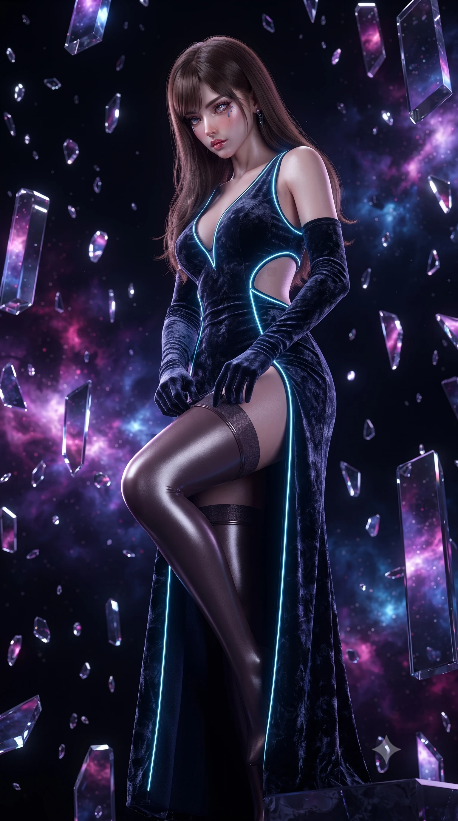 score_9, masterpiece, best quality, ultra-detailed, High-budget Anime Keyframe, editorial fashion photography, tasteful artistic composition, realistic cosplay photography, East Asian woman. Dynamic full-body shot stretching the vertical silhouette to the limit. Scenario 250: adjusting her thigh-high stocking near a dark void filled with floating crystal shards reflecting purple nebulae. Her presence is magnetic and overpowering in this high-budget cinematic scene. Outfit 250: a slim-fit crushed dark velvet bare with a strategic side cut-outs and glowing LED seams. The clothing is designed to emphasize her exceptionally tall and slender 8-heads proportion. 8-heads proportion, towering silhouette, ultra-slim waist. sharp v-shaped jawline, intricate jewel-like eyes with depth, thick eyelashes, glossy lips. ultra-reflective glossy finish, specular highlights, metallic sheen, high-contrast stereoscopic depth, volumetric dynamic lighting, 2k, ultra detail, master piece, 9:16 ratio